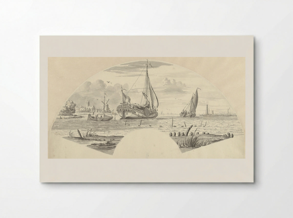 Gezicht op enkele boten op het water en een molen bij een kerk - Pieter Idserts - Poster