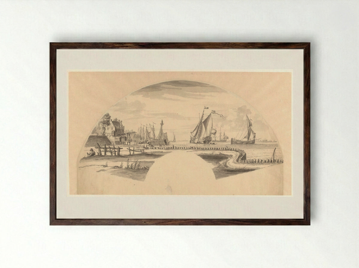 Gezicht op enkele boten op het water en een ophaalbruggetje - Pieter Idserts - Framed Print Dark Wood