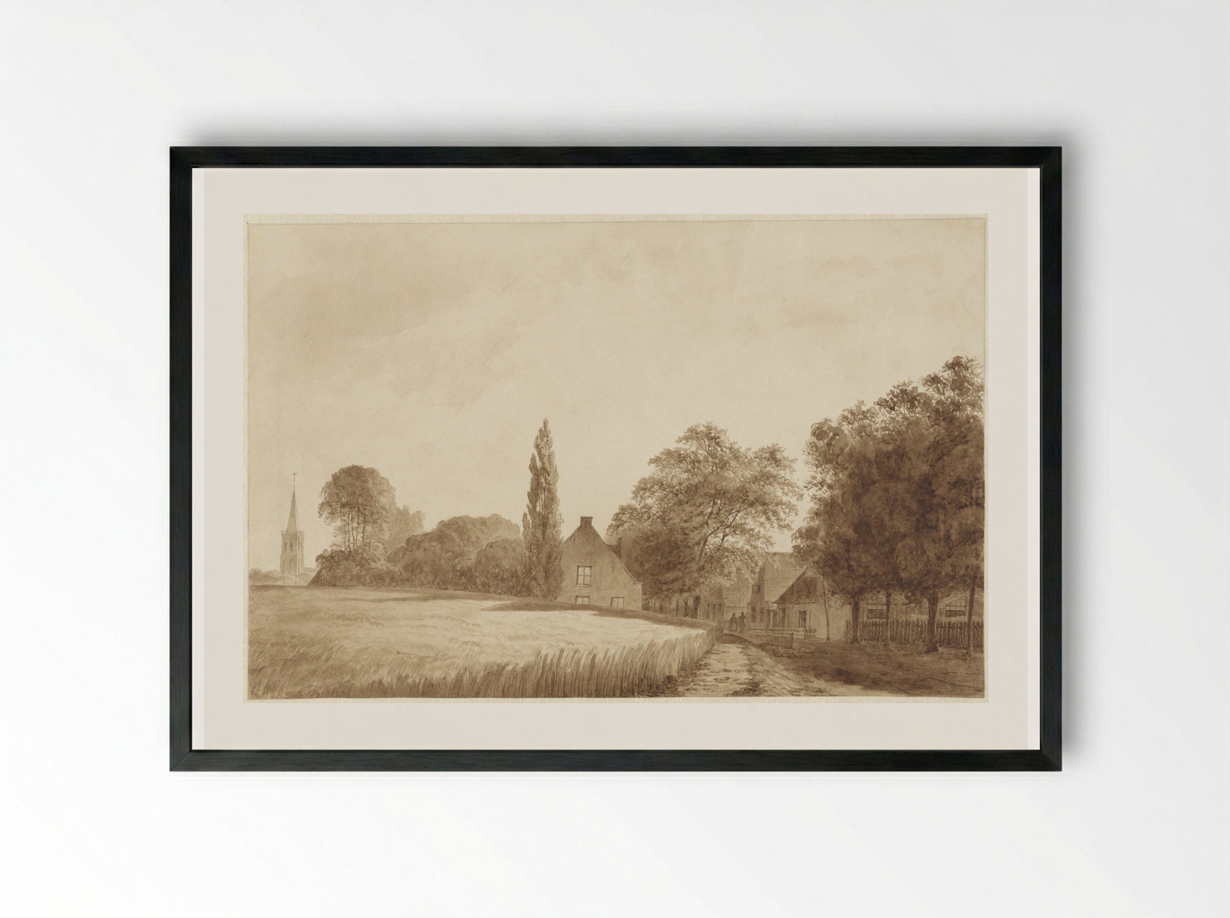 Gezicht op enkele huizen en een kerktoren bij Hilversum - Hendrik Abraham Klinkhamer - Framed Print Black