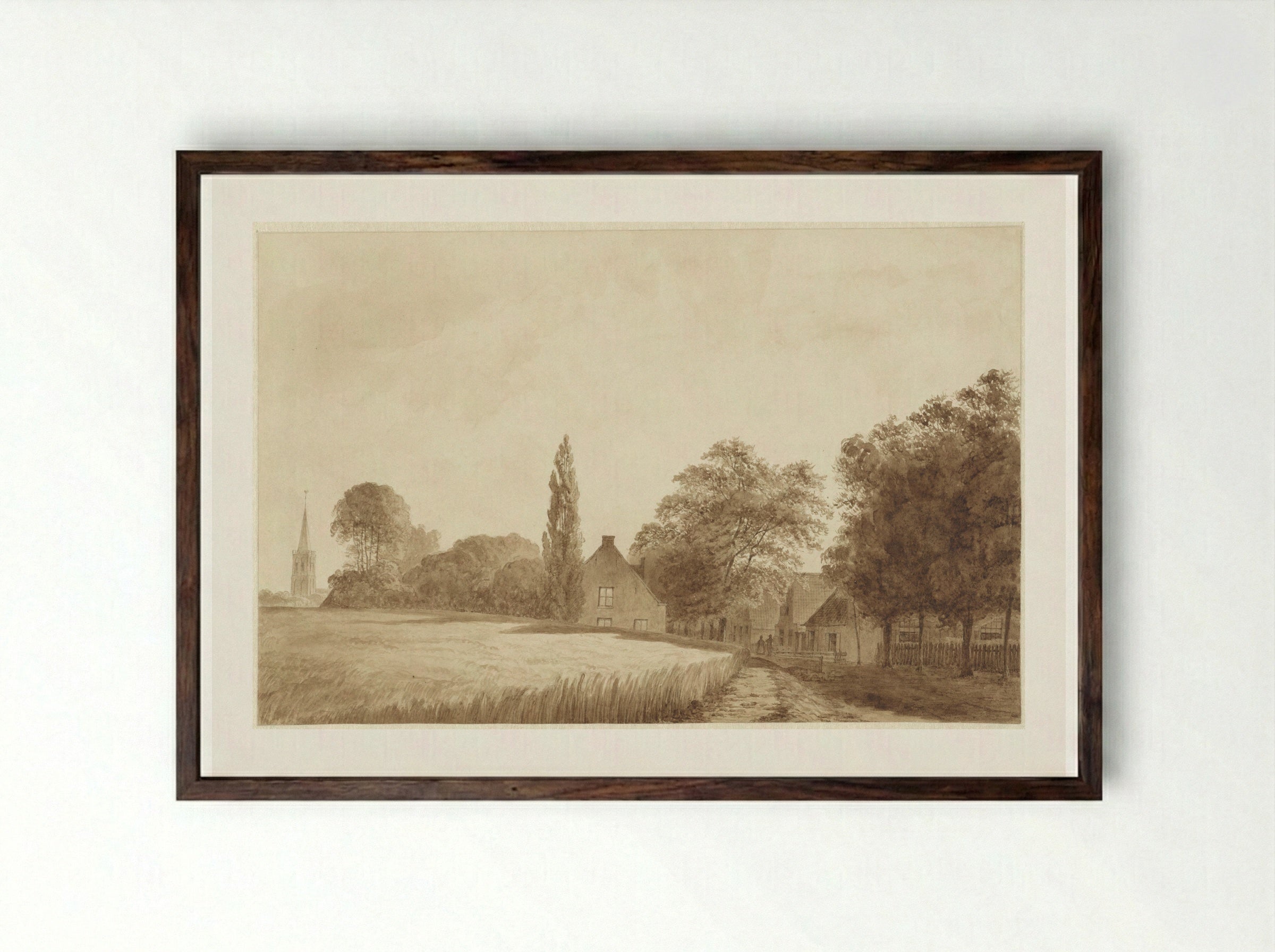 Gezicht op enkele huizen en een kerktoren bij Hilversum - Hendrik Abraham Klinkhamer - Framed Print Dark Wood