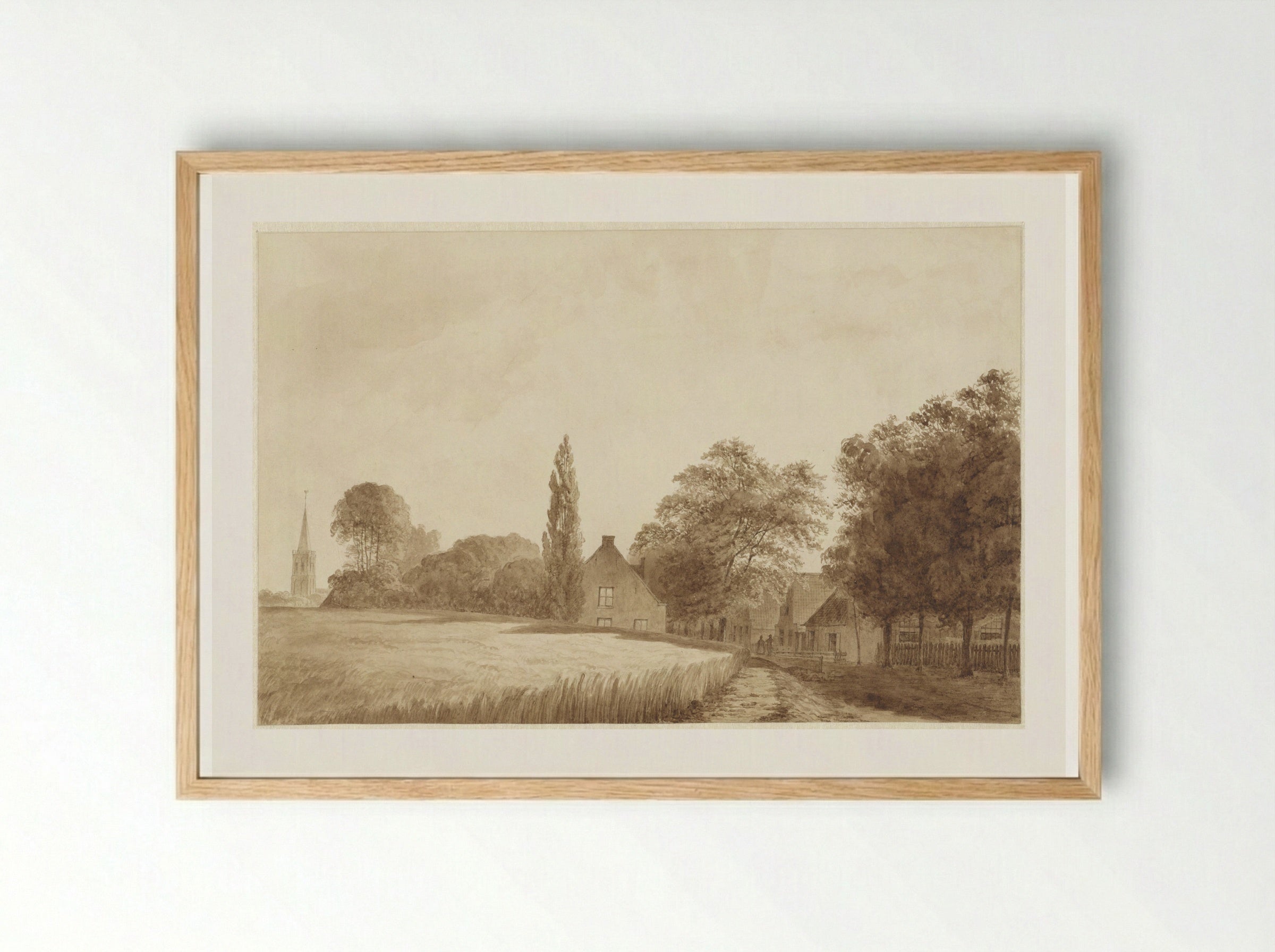 Gezicht op enkele huizen en een kerktoren bij Hilversum - Hendrik Abraham Klinkhamer - Framed Print Wood