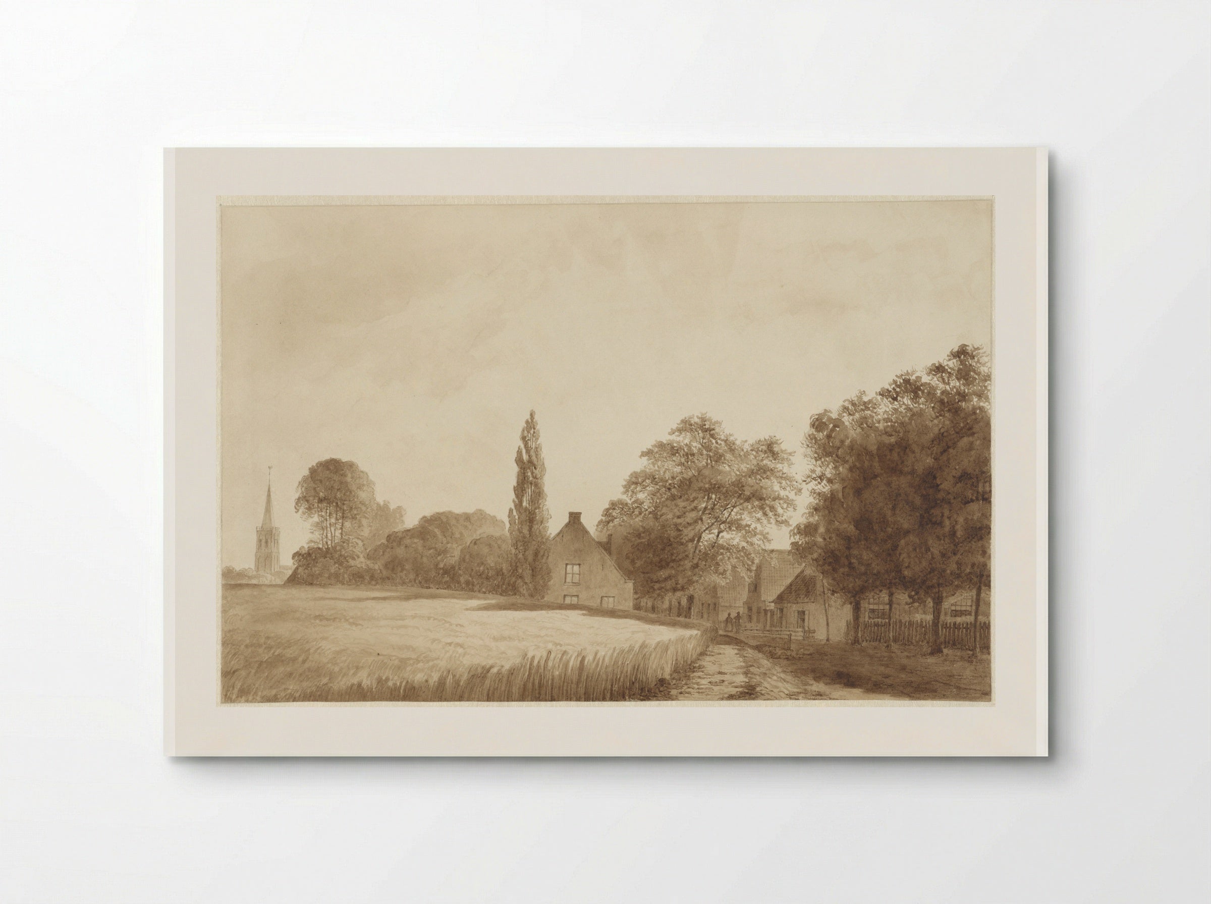Gezicht op enkele huizen en een kerktoren bij Hilversum - Hendrik Abraham Klinkhamer - Poster