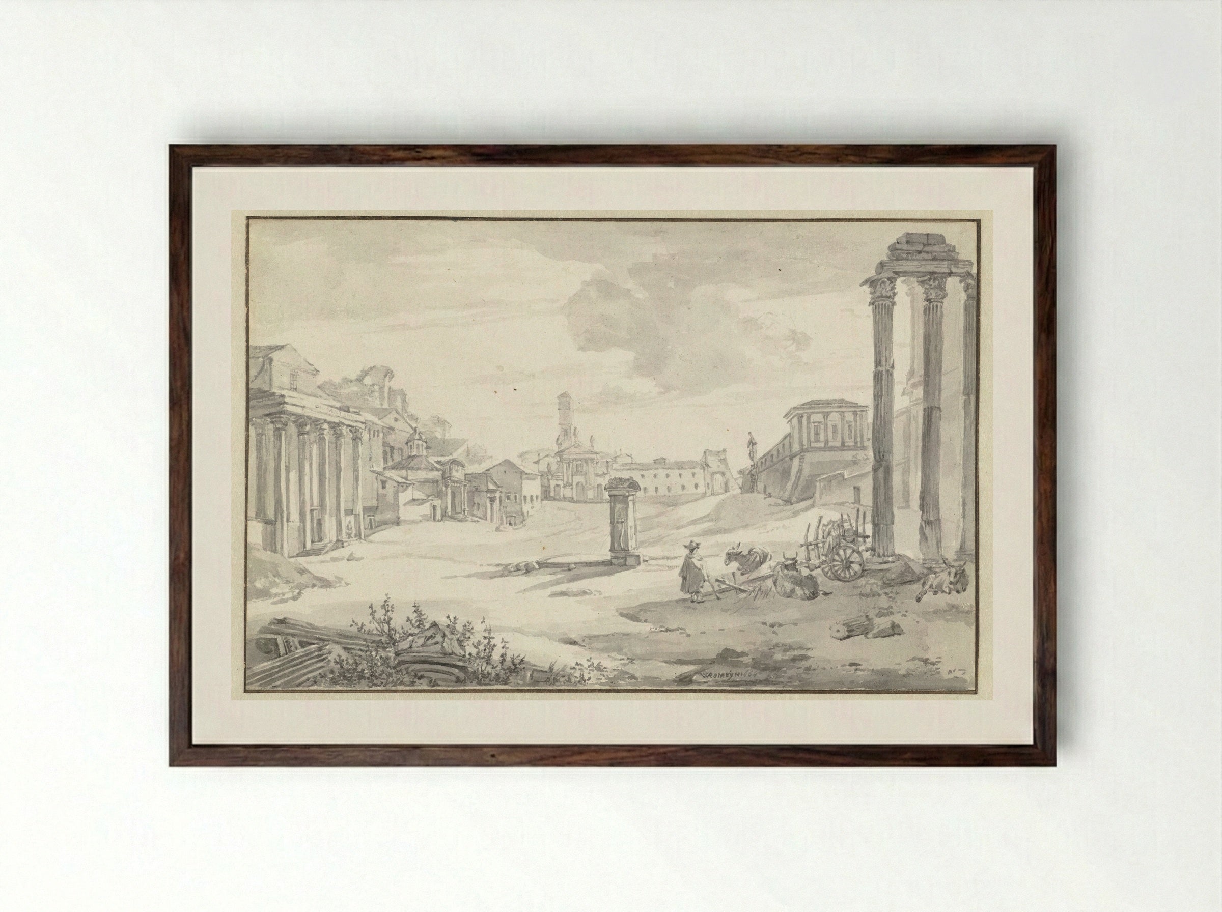 Gezicht op het Campo Vaccino - Willem Romeyn - Framed Print Dark Wood