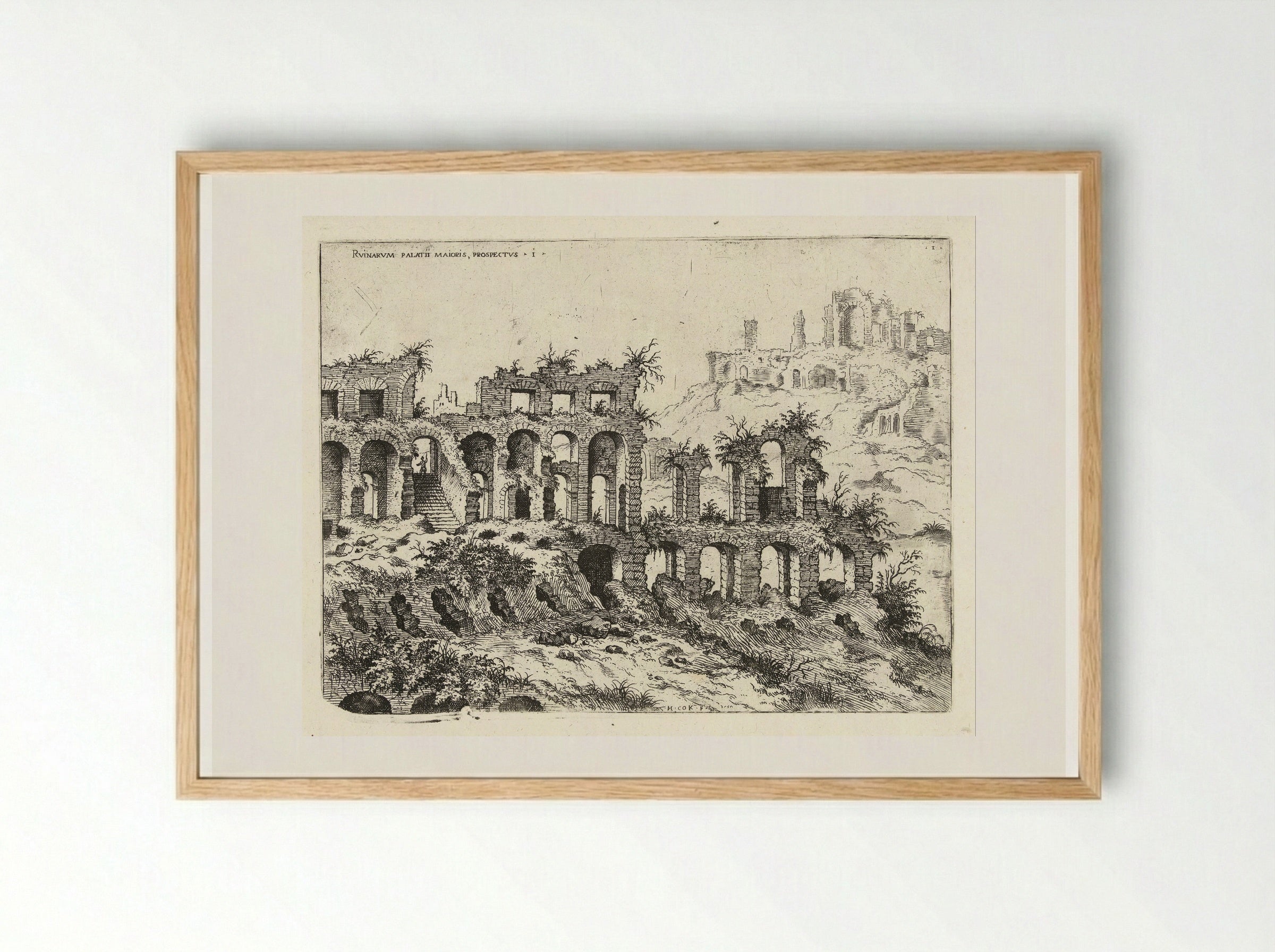 Gezicht op het Colosseum en de Palatijn - Hieronymus Cock - Framed Print Wood