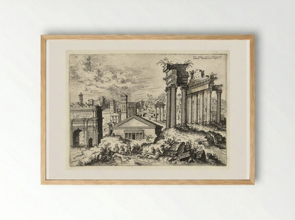 Gezicht op het Forum Romanum vanuit het Capitool - Hieronymus Cock - Framed Print Wood