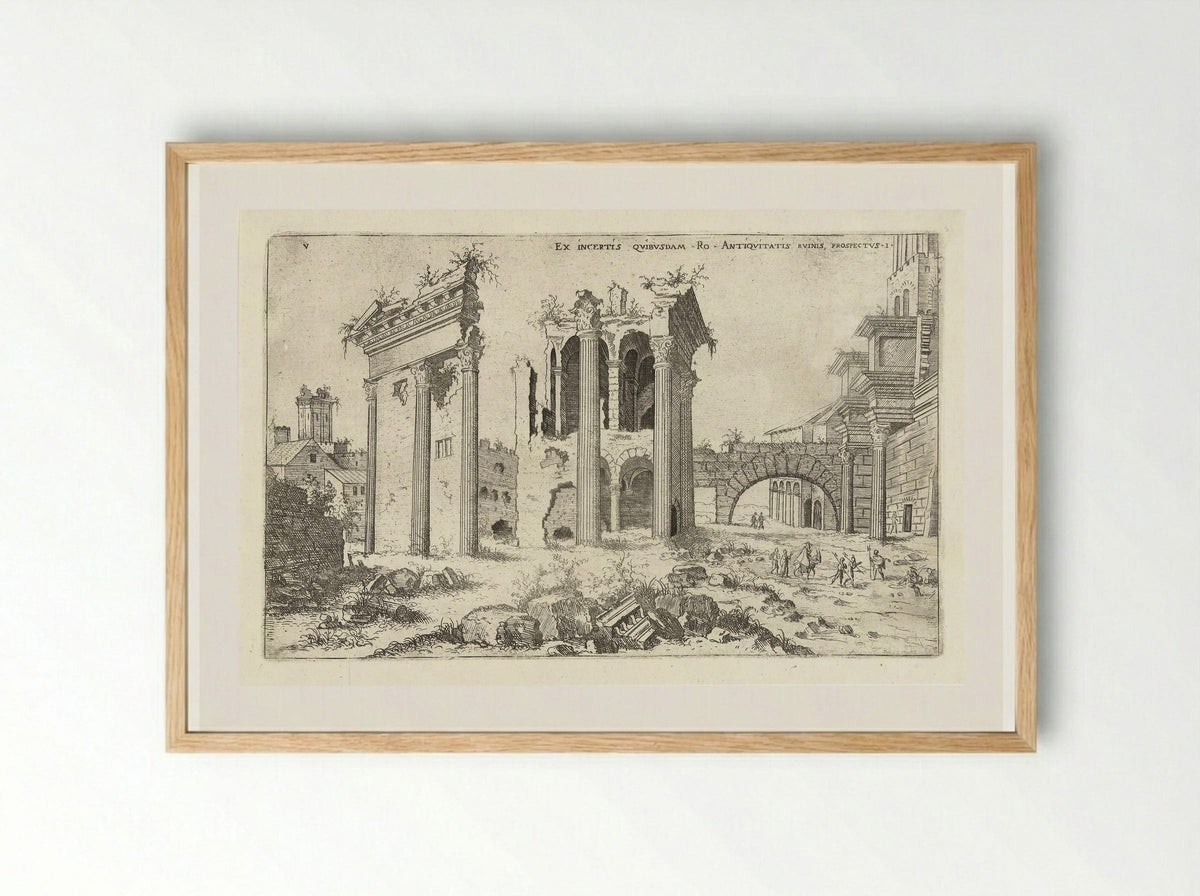 Gezicht op het Forum van Nerva - Hieronymus Cock - Framed Print Wood