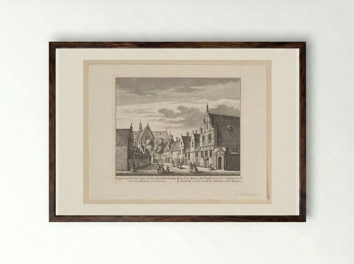 Gezicht op het Pesthuis en Sint-Elisabethgasthuis te Alkmaar - Leonard Schenk - Framed Print Dark Wood