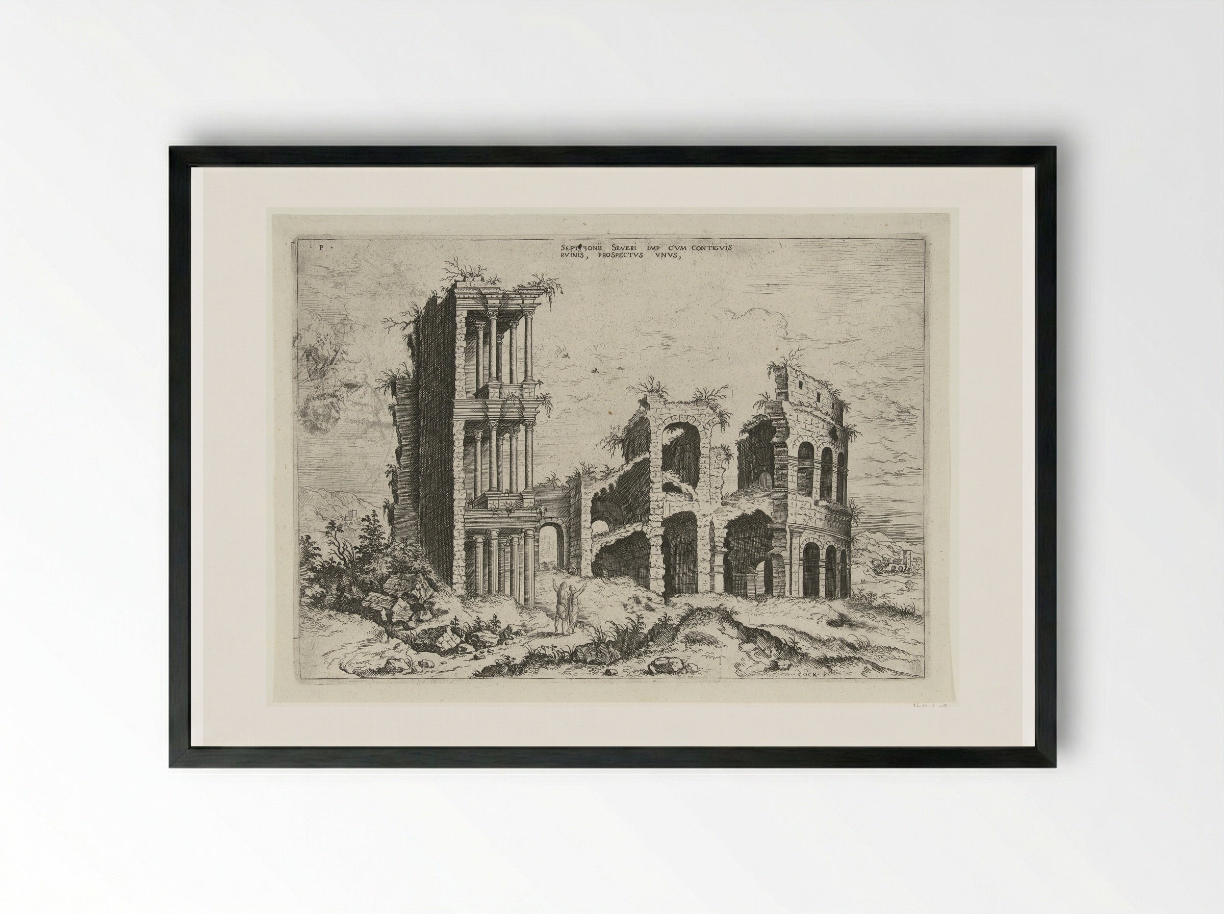 Gezicht op het Septizonium en het Colosseum in Rome - Hieronymus Cock - Framed Print Black