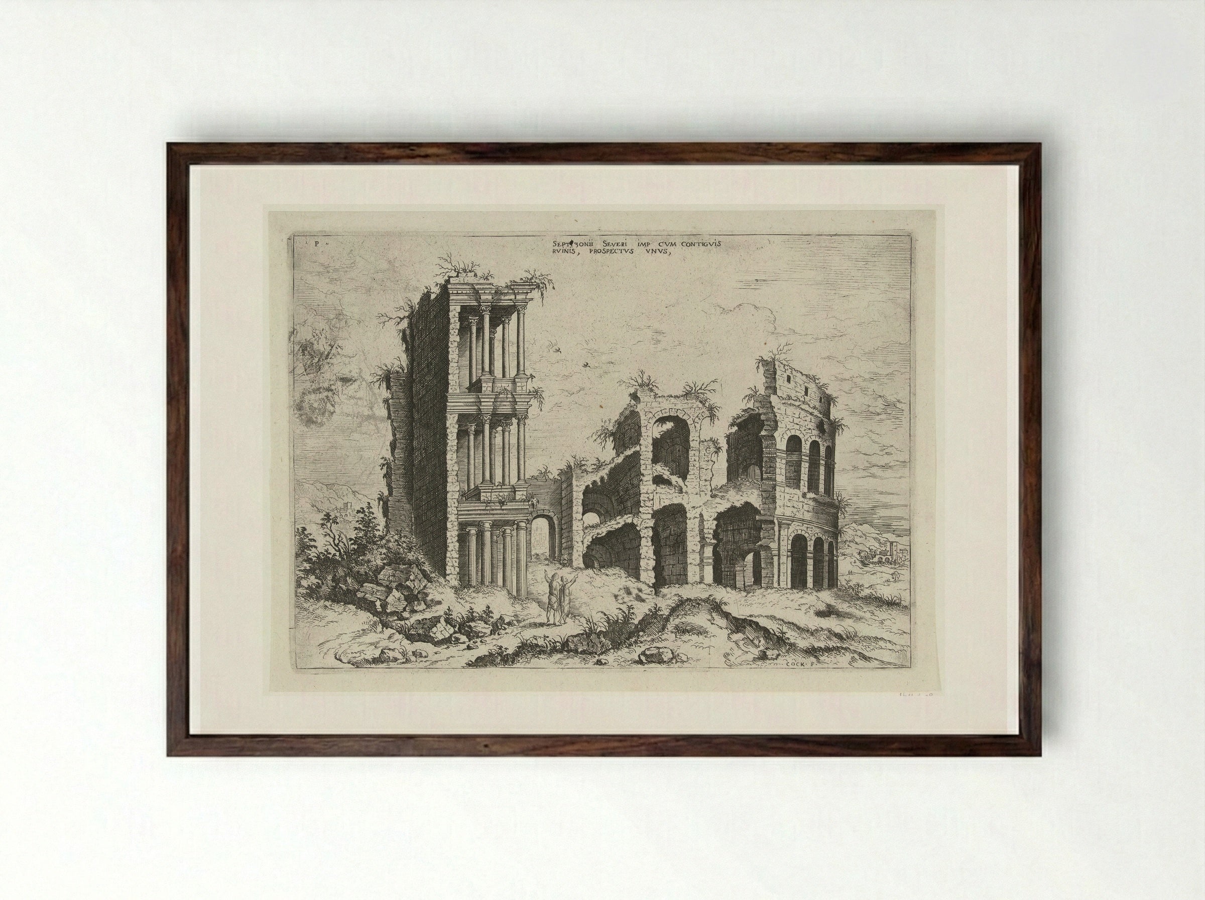 Gezicht op het Septizonium en het Colosseum in Rome - Hieronymus Cock - Framed Print Dark Wood