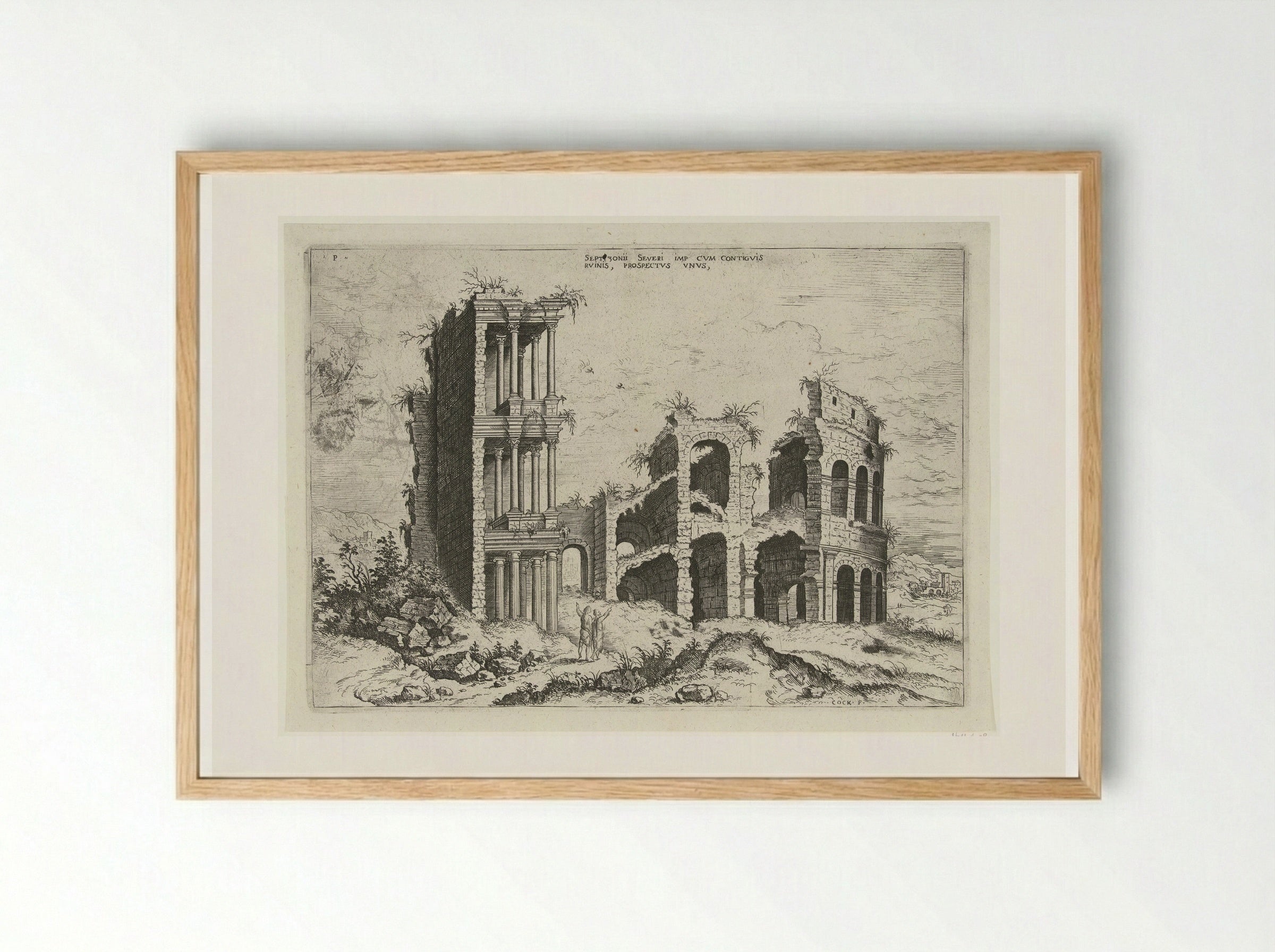 Gezicht op het Septizonium en het Colosseum in Rome - Hieronymus Cock - Framed Print Wood
