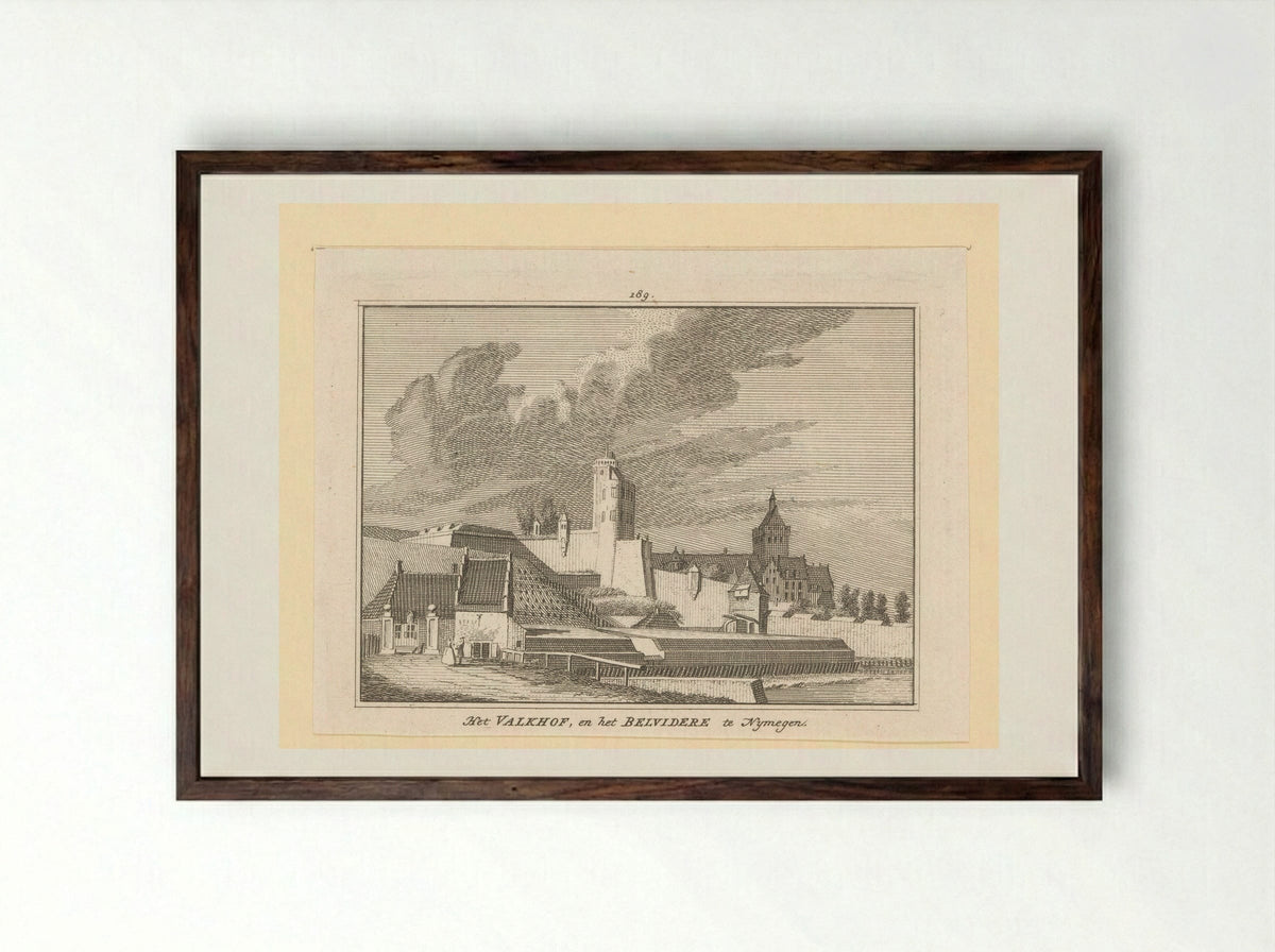 Gezicht op het Valkhof en de Belvédère te Nymegen - Hendrik Spilman - Framed Print Dark Wood