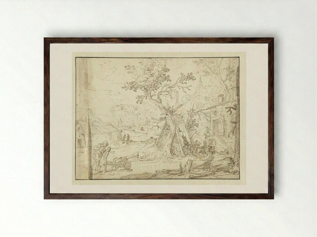 Gezicht op het erf van een boerderij - Jan Symonsz. Pynas - Framed Print Dark Wood