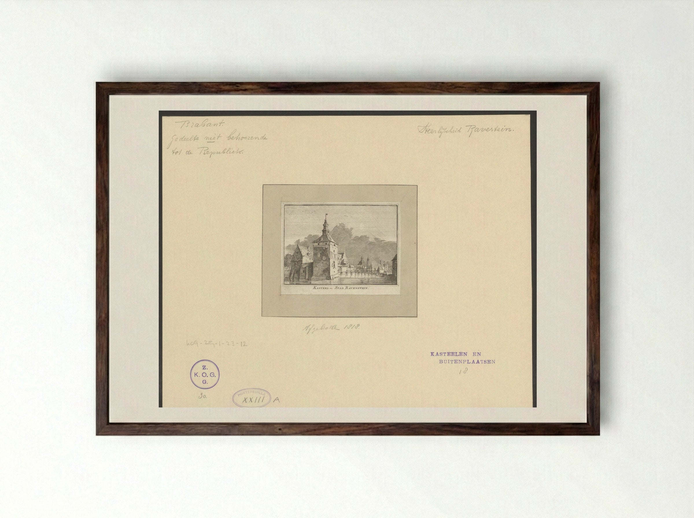Gezicht op het kasteel en gezicht op de kerk te Ravenstein - Hendrik Spilman - Framed Print Dark Wood