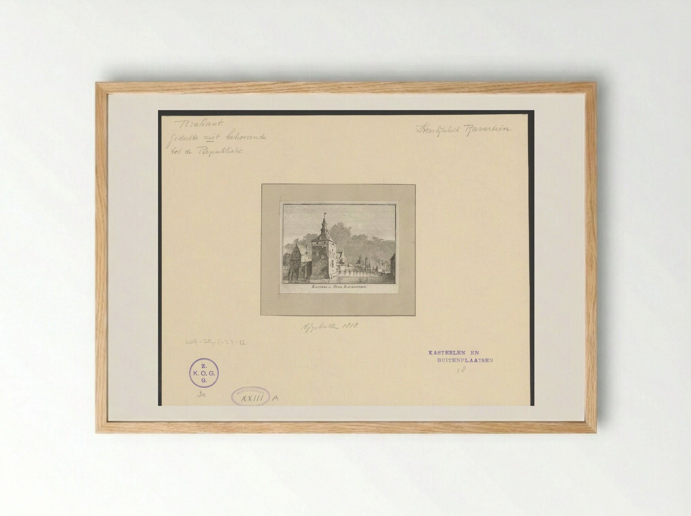 Gezicht op het kasteel en gezicht op de kerk te Ravenstein - Hendrik Spilman - Framed Print Wood