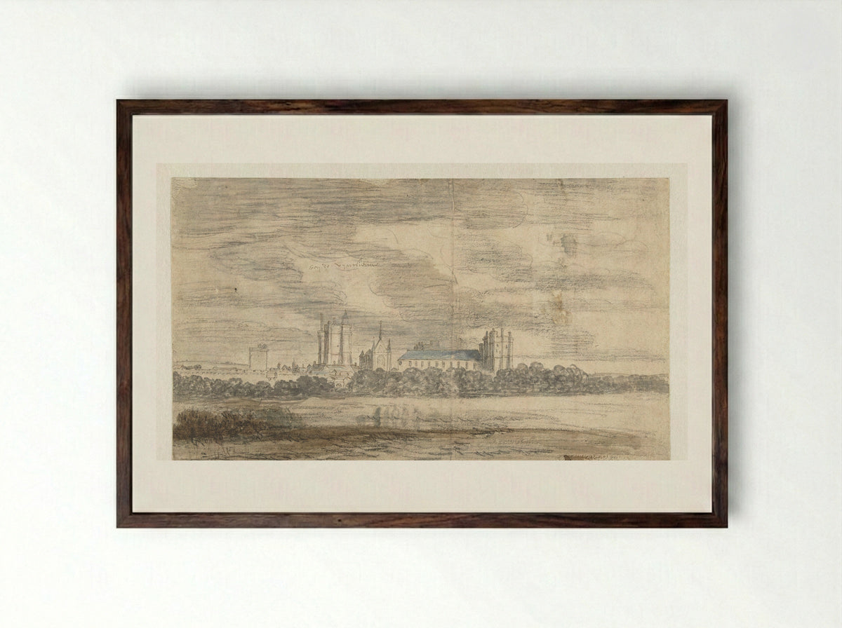 Gezicht op het kasteel van Vincennes, achter een rij bomen - Abraham de Verwer - Framed Print Dark Wood
