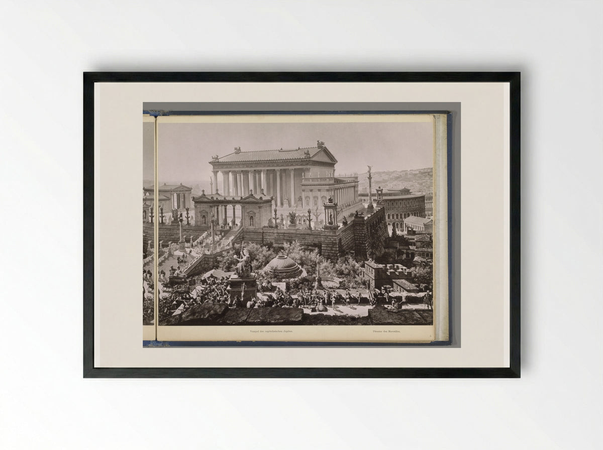 Gezicht op het oude Rome: de Tempel van Jupiter Optimus Maximus en het Theater van Marcellus - Franz Hanfstaengl - Framed Print Black