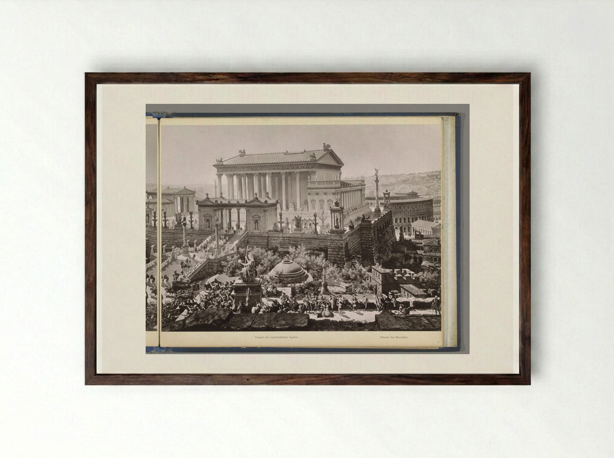 Gezicht op het oude Rome: de Tempel van Jupiter Optimus Maximus en het Theater van Marcellus - Franz Hanfstaengl - Framed Print Dark Wood