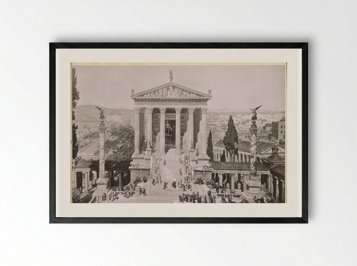 Gezicht op het oude Rome: het Mausoleum van Augustus en de Tempel van Juno Moneta - Franz Hanfstaengl - Framed Print Black
