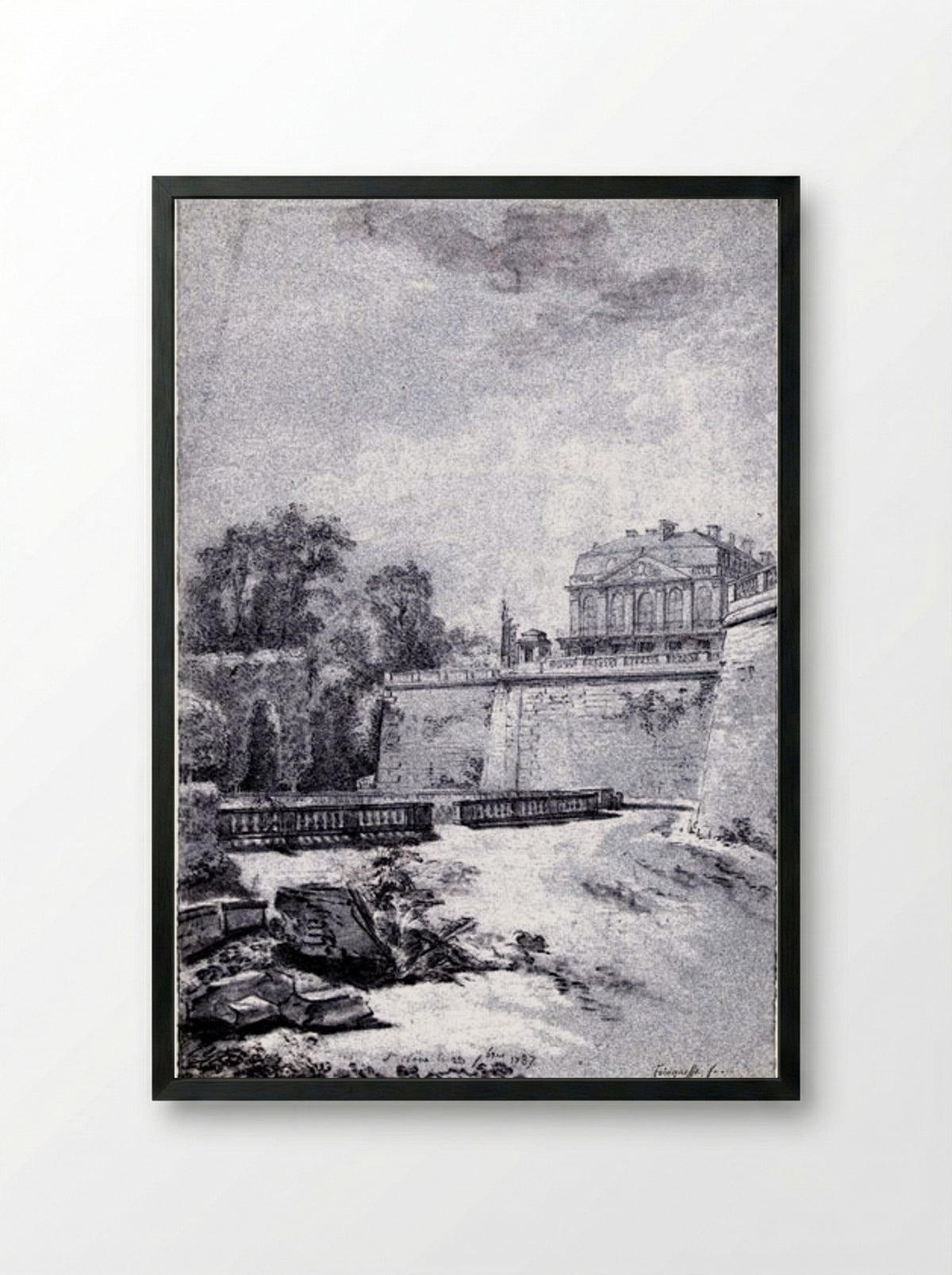 Gezicht op het park en een vleugel van kasteel Saint-Cloud - Louis Rolland Trinquesse - Framed Print Black