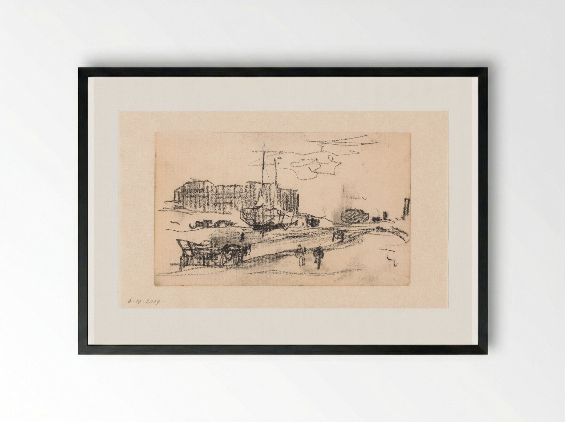 Gezicht op het strand met schepen en diverse figuren - Willem Bastiaan Tholen - Framed Print Black