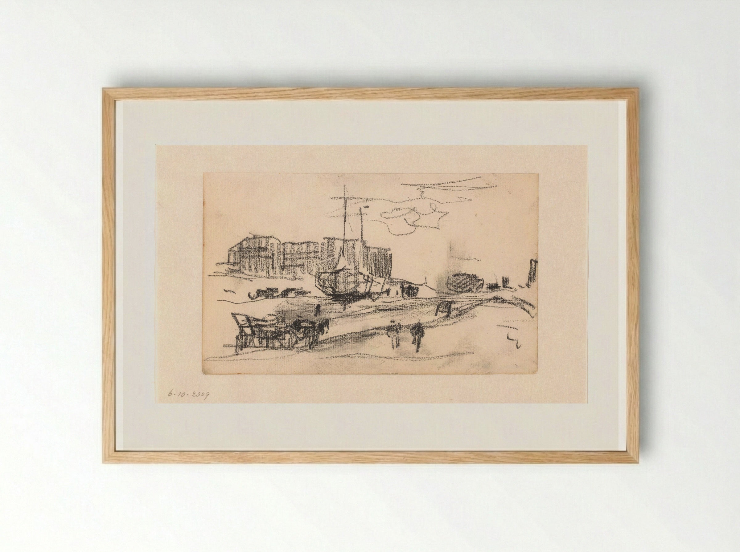 Gezicht op het strand met schepen en diverse figuren - Willem Bastiaan Tholen - Framed Print Wood