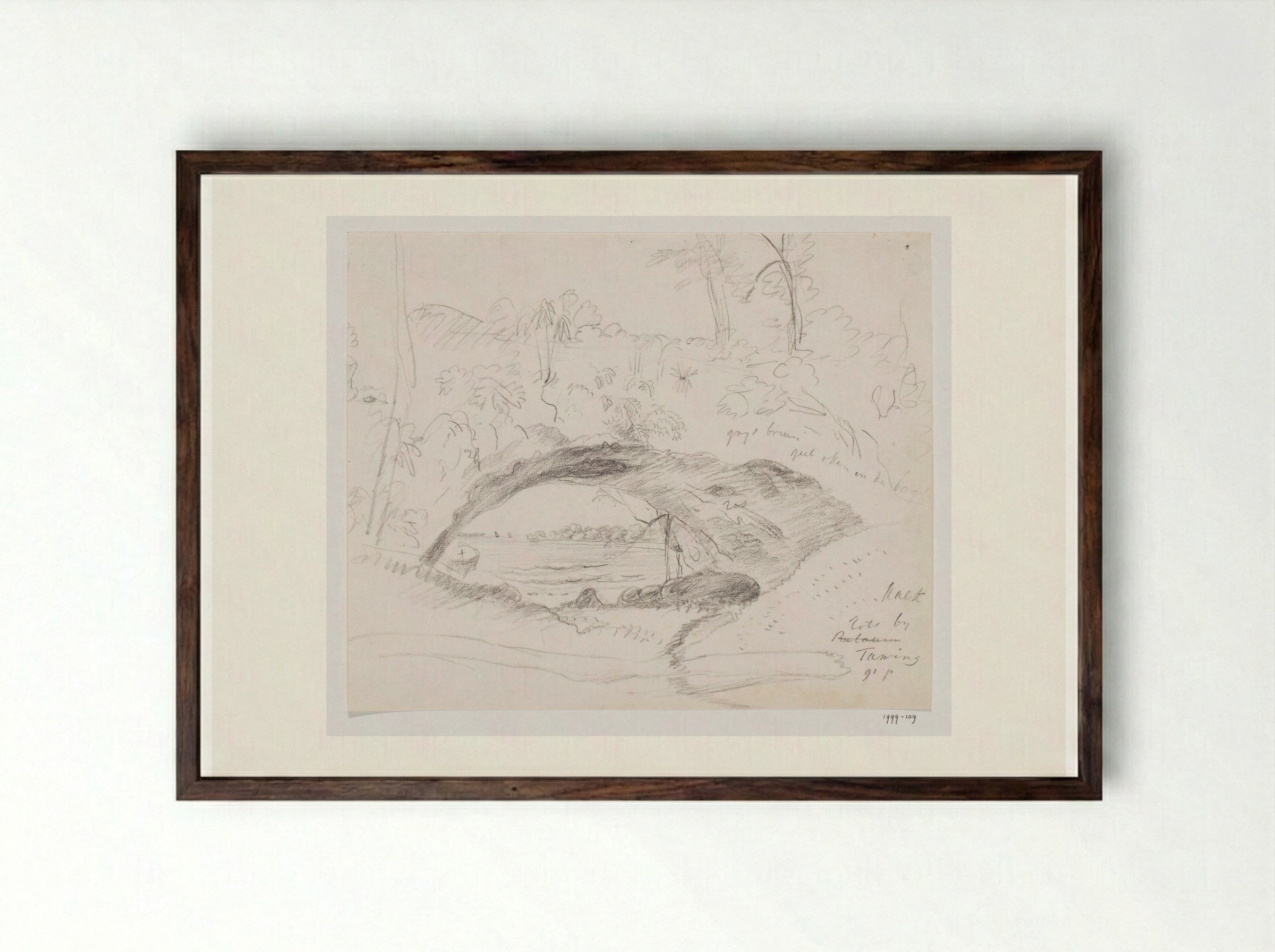 Gezicht op kalkrots bedekt met vegetatie met doorkijk naar de zee - Adrianus Johannes Bik - Framed Print Dark Wood