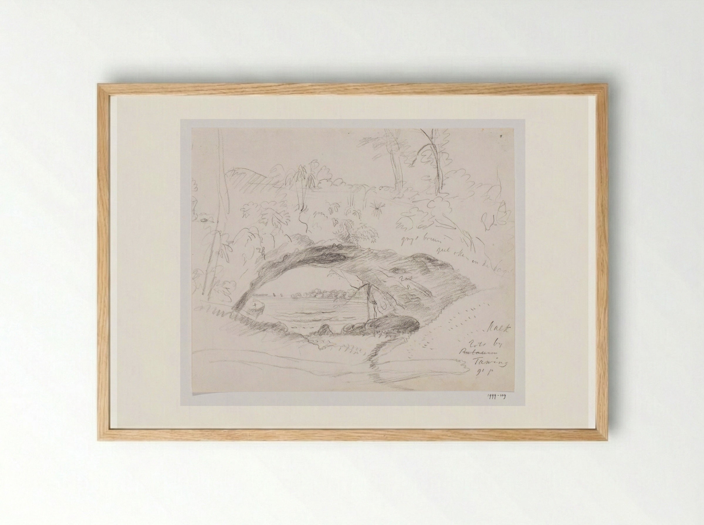 Gezicht op kalkrots bedekt met vegetatie met doorkijk naar de zee - Adrianus Johannes Bik - Framed Print Wood