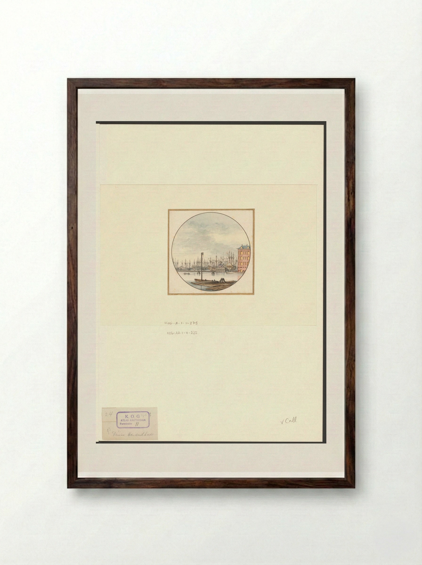 Gezicht op 's Lands Zeemagazijn en enkele schepen op de Admiraliteitswerf - Jan van Call (I) - Framed Print Dark Wood