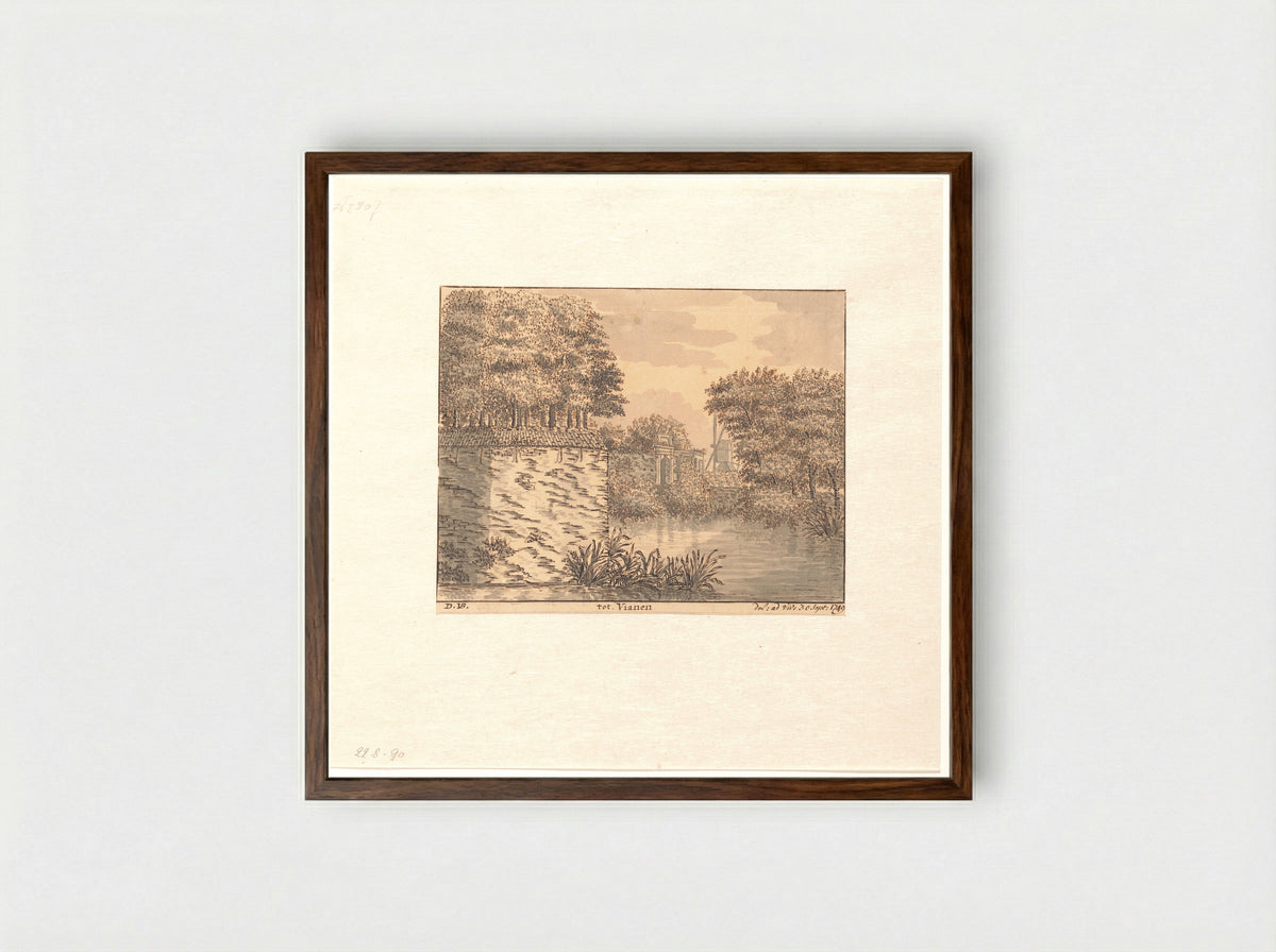 Gezicht op stadswal en stadspoort van Vianen - Dirk van der Burg - Framed Print Dark Wood