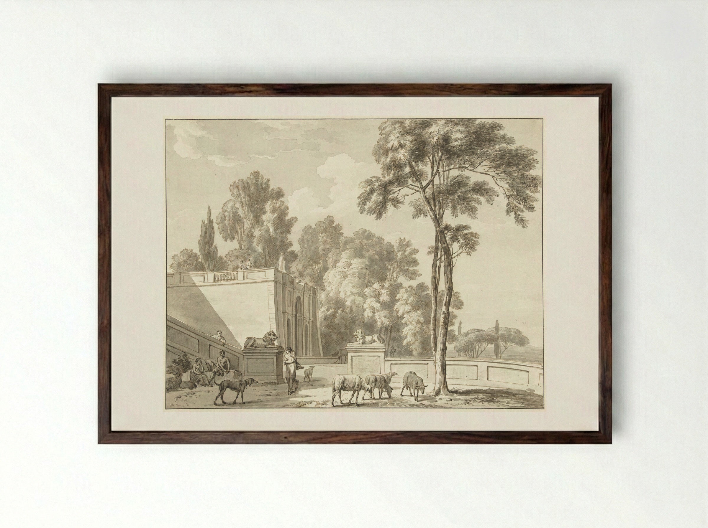 Gezicht op terrassen bij de Villa Aldobrandini te Frascati - Jean Grandjean - Framed Print Dark Wood