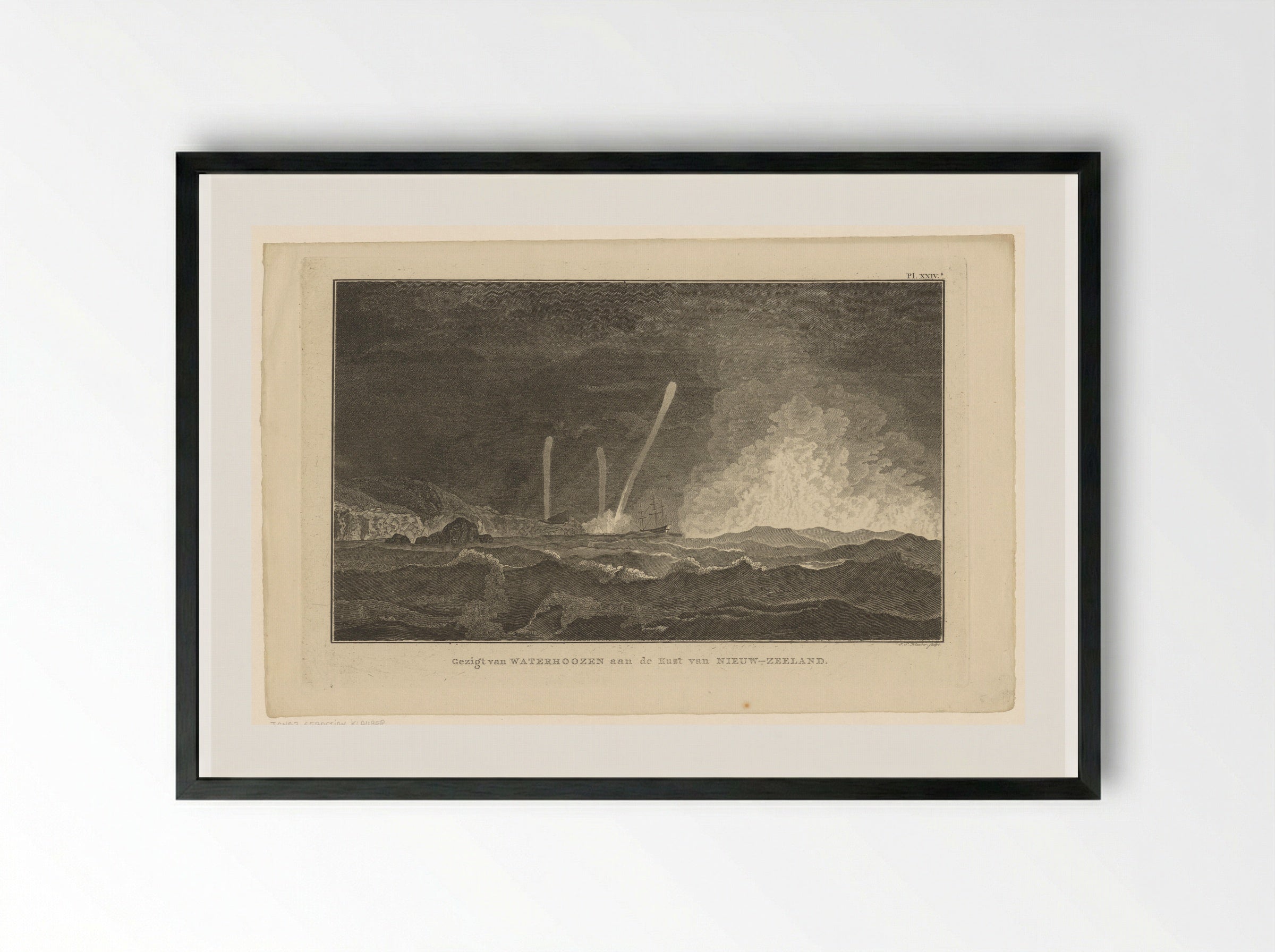 Gezicht op waterhozen aan de kust van Nieuw-Zeeland - Fine Art Print - Framed Print Black