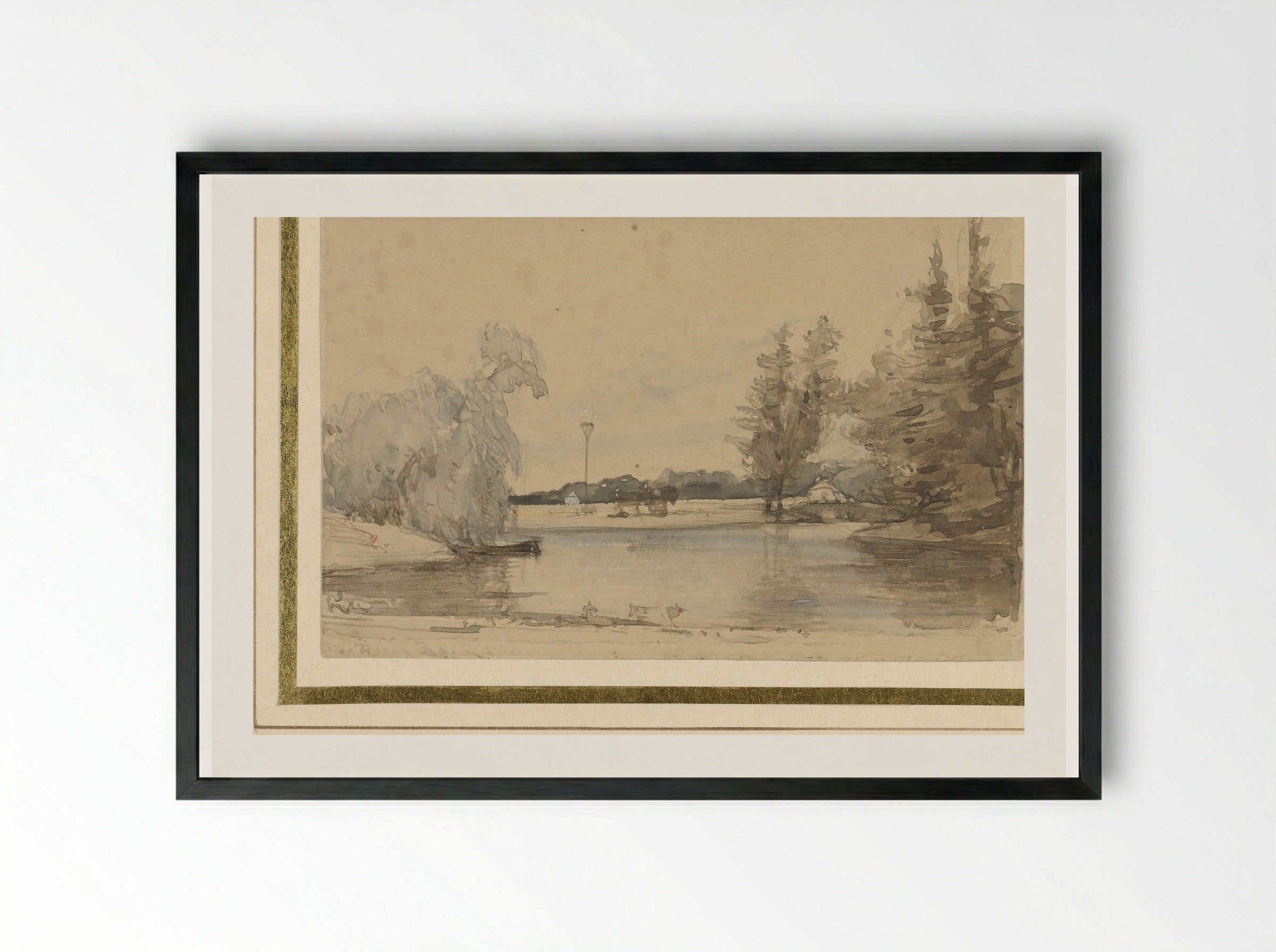 Gezicht over de vijver van het Huis te Leede - Johannes Bosboom - Framed Print Black