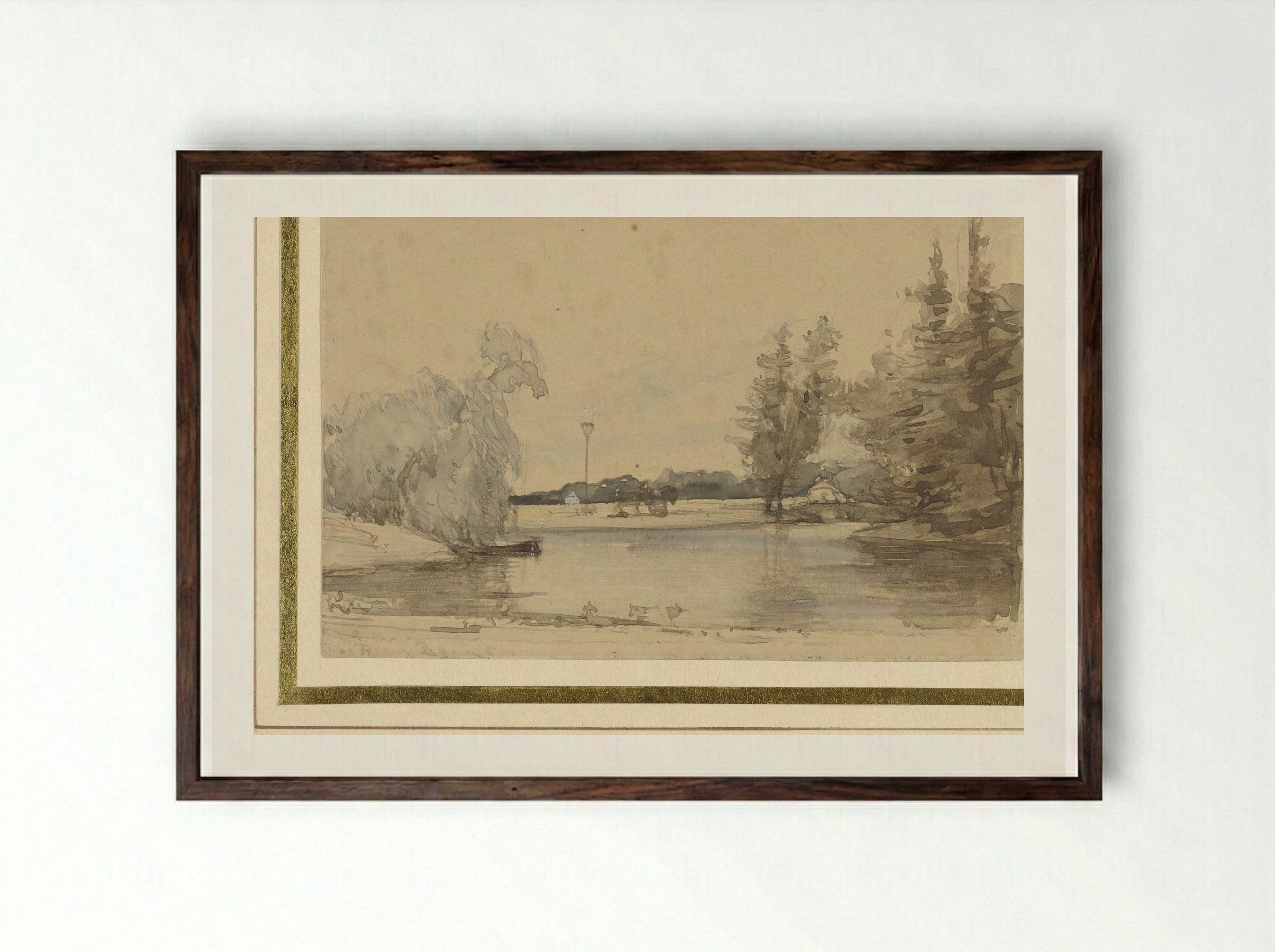Gezicht over de vijver van het Huis te Leede - Johannes Bosboom - Framed Print Dark Wood