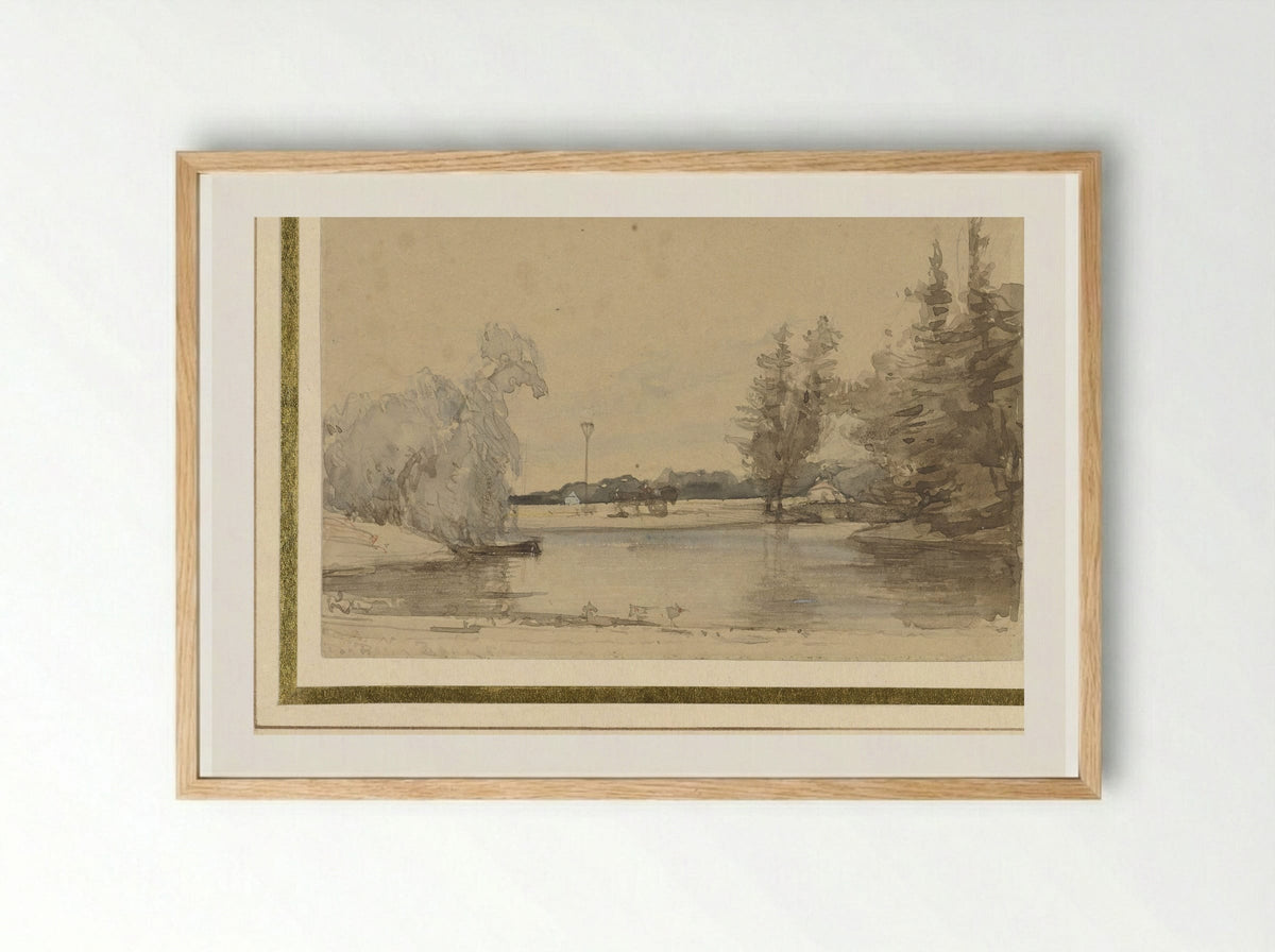 Gezicht over de vijver van het Huis te Leede - Johannes Bosboom - Framed Print Wood