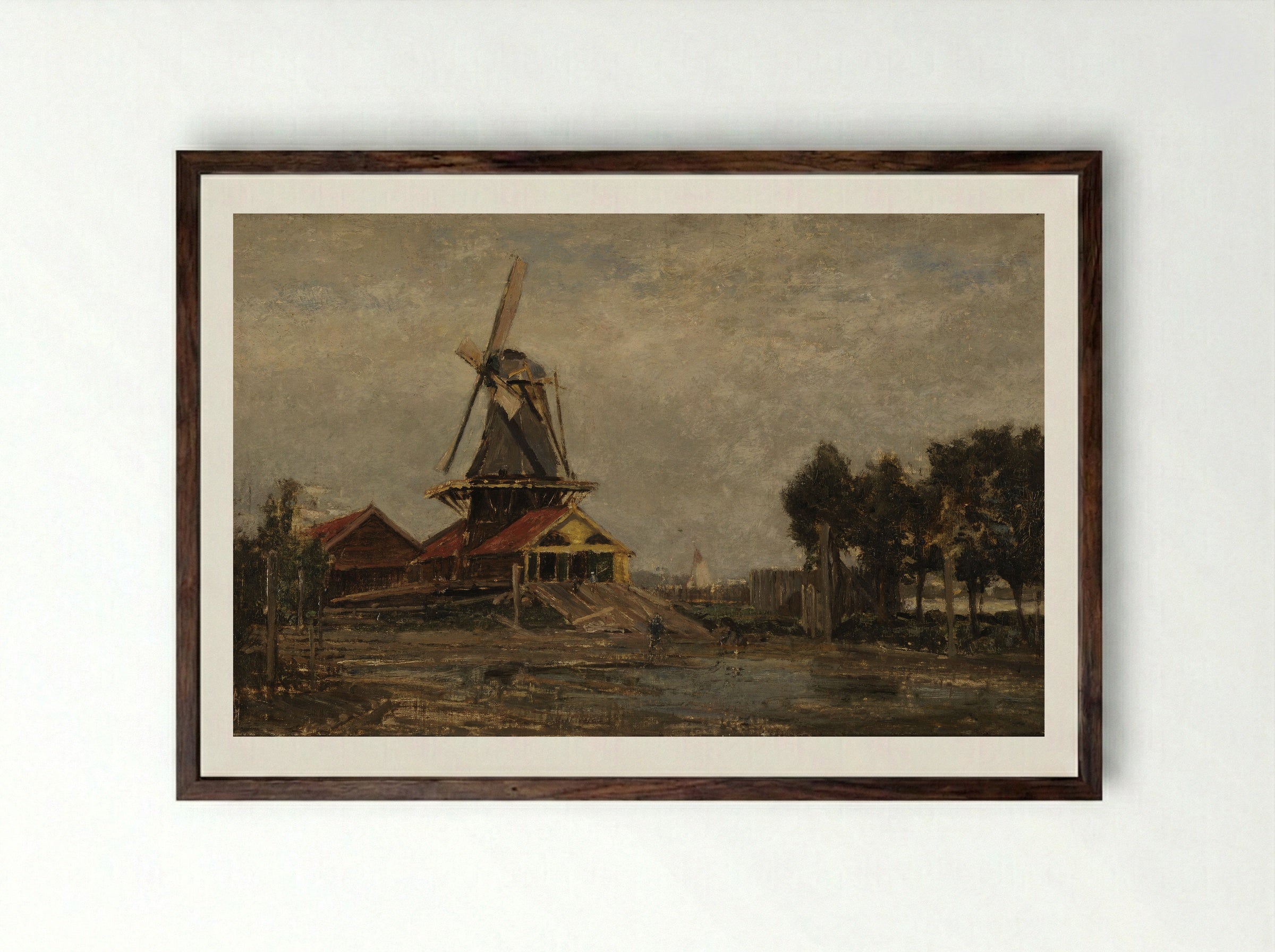 Gezicht vanaf de oever over de volle breedte van een rivier - Carel Nicolaas Storm van 's-Gravesande - Framed Print Dark Wood