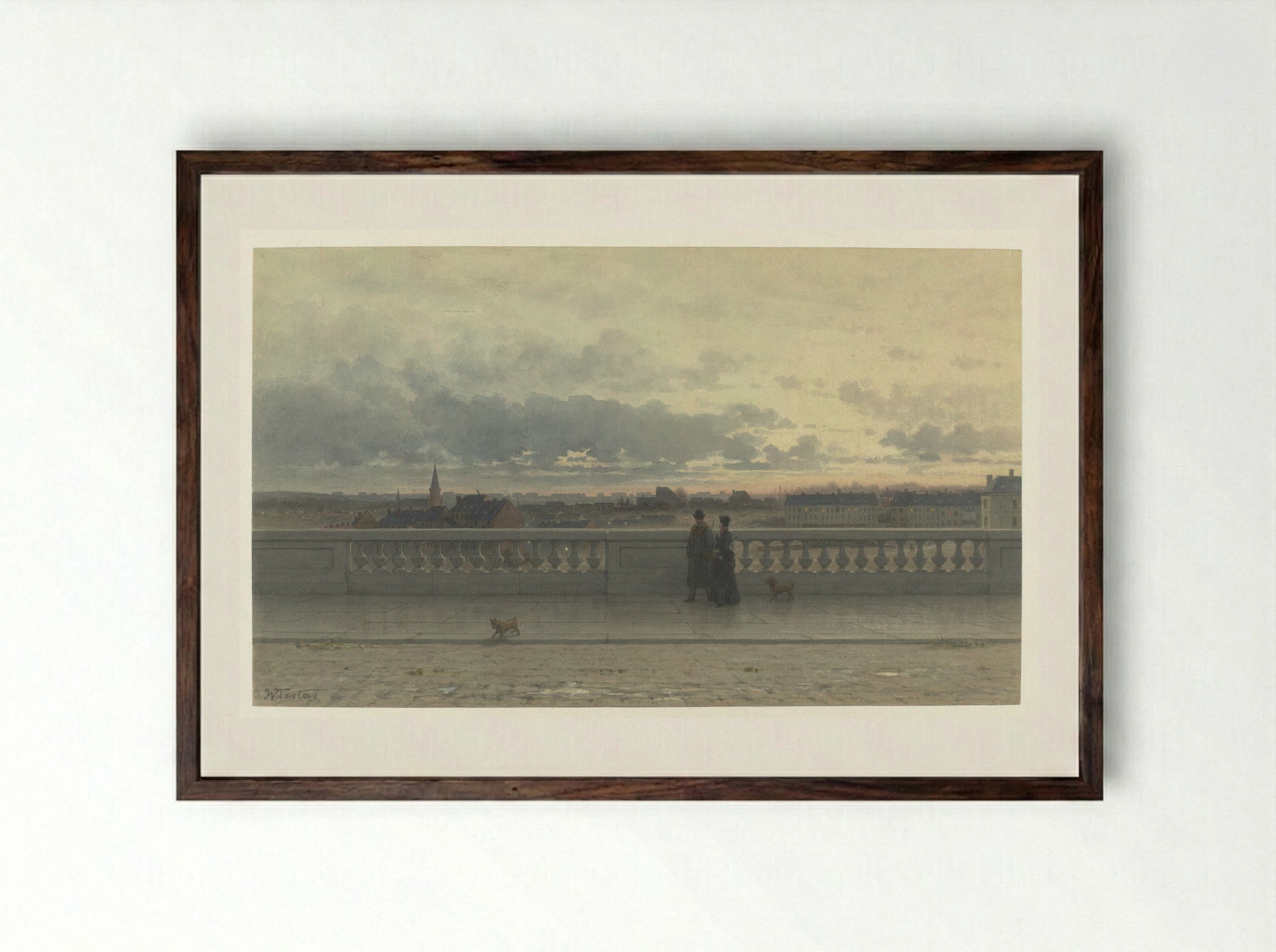 Gezicht vanaf een terras over Brussel, in avondschemering - Willem de Famars Testas - Framed Print Dark Wood