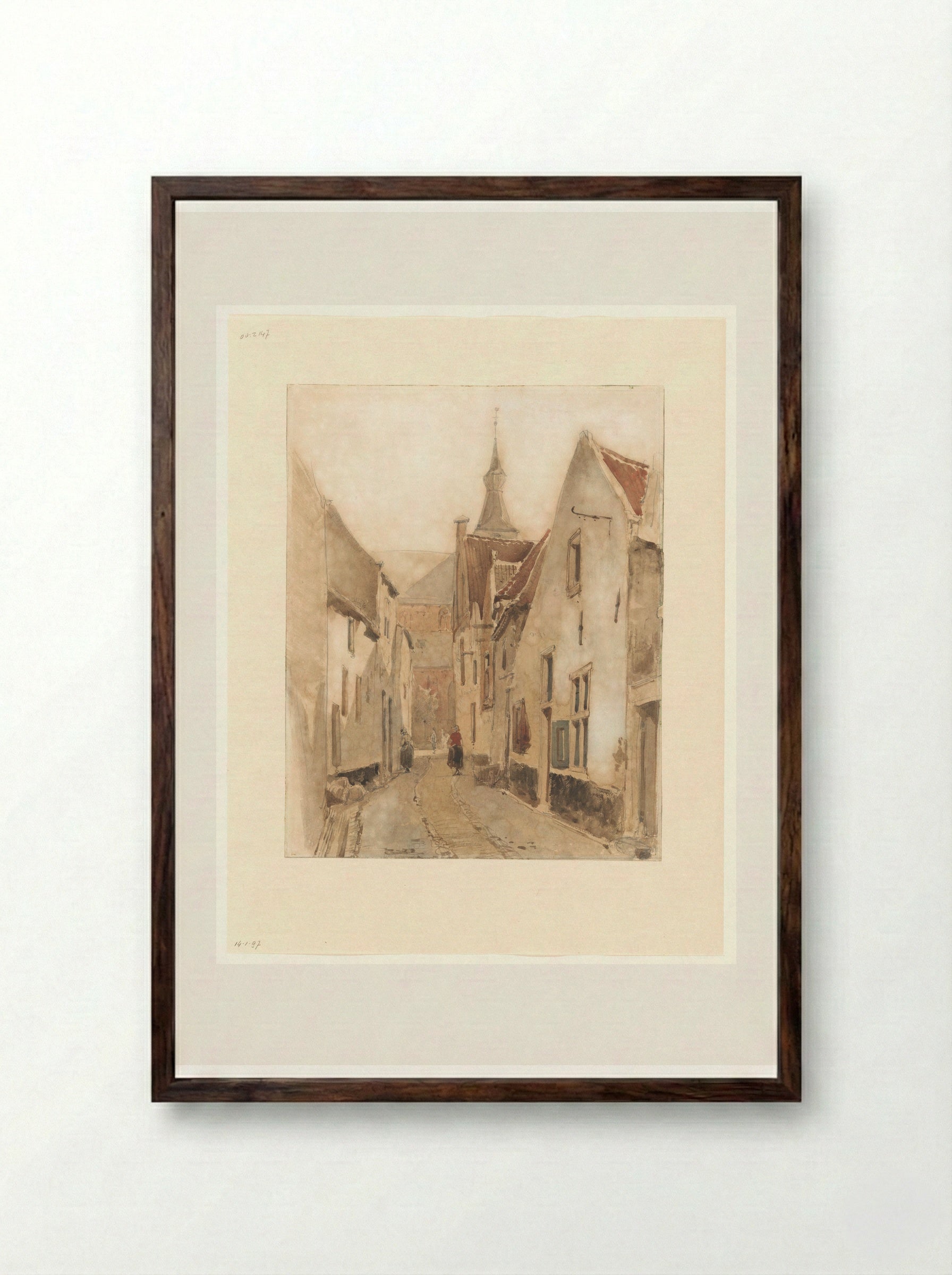 Gezicht vanuit de Ridderstraat in de Kerksteeg, Hattem - Johannes Bosboom - Framed Print Dark Wood