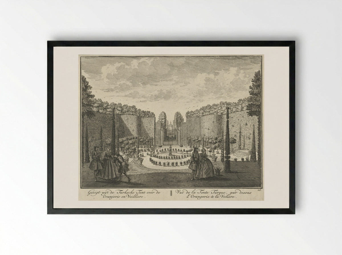 Gezicht vanuit de Turkse Tent op de oranjerie en de volière in de tuin van Huis ter Meer te Maarssen - Hendrik de Leth - Framed Print Black