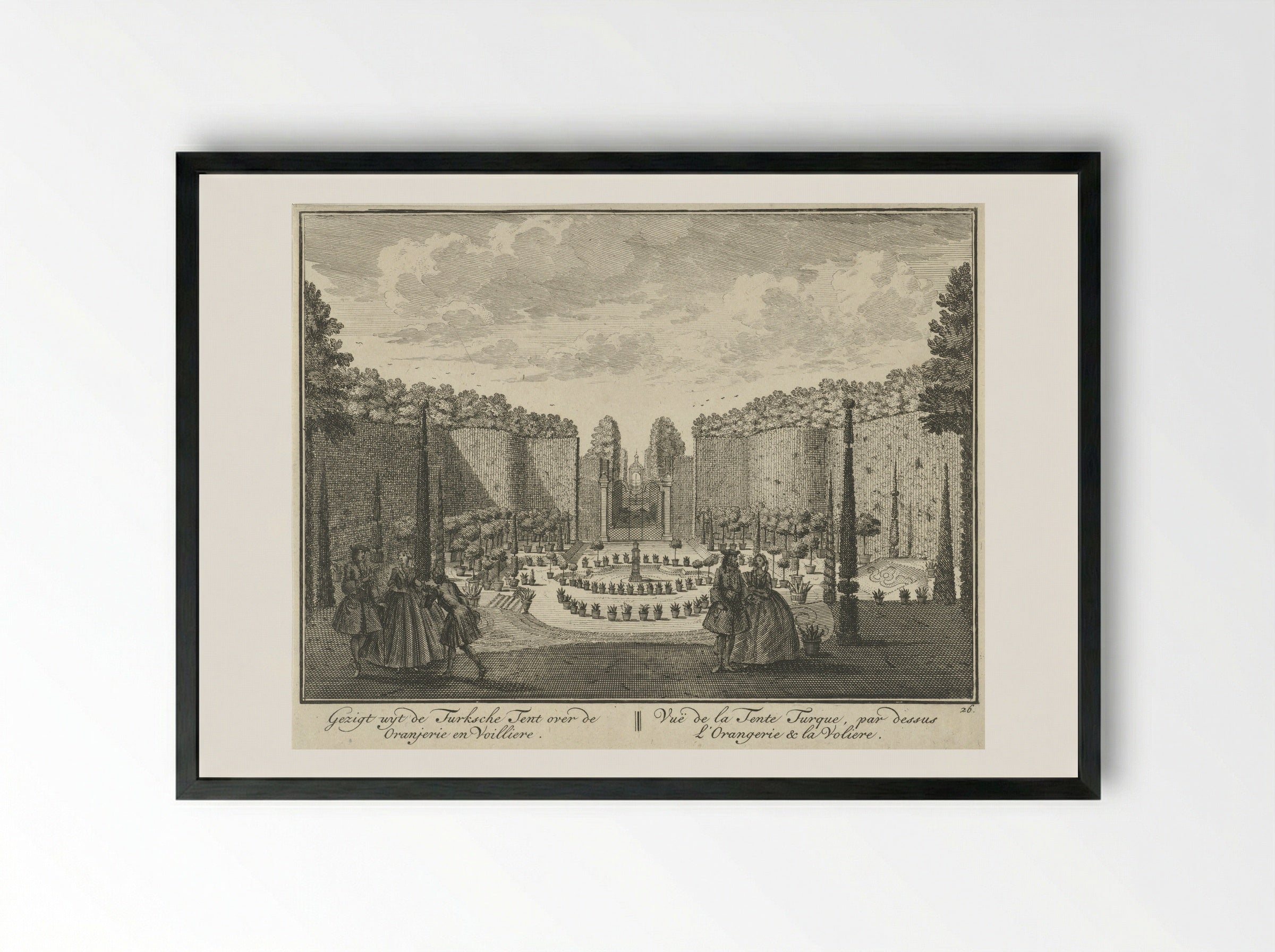 Gezicht vanuit de Turkse Tent op de oranjerie en de volière in de tuin van Huis ter Meer te Maarssen - Hendrik de Leth - Framed Print Black