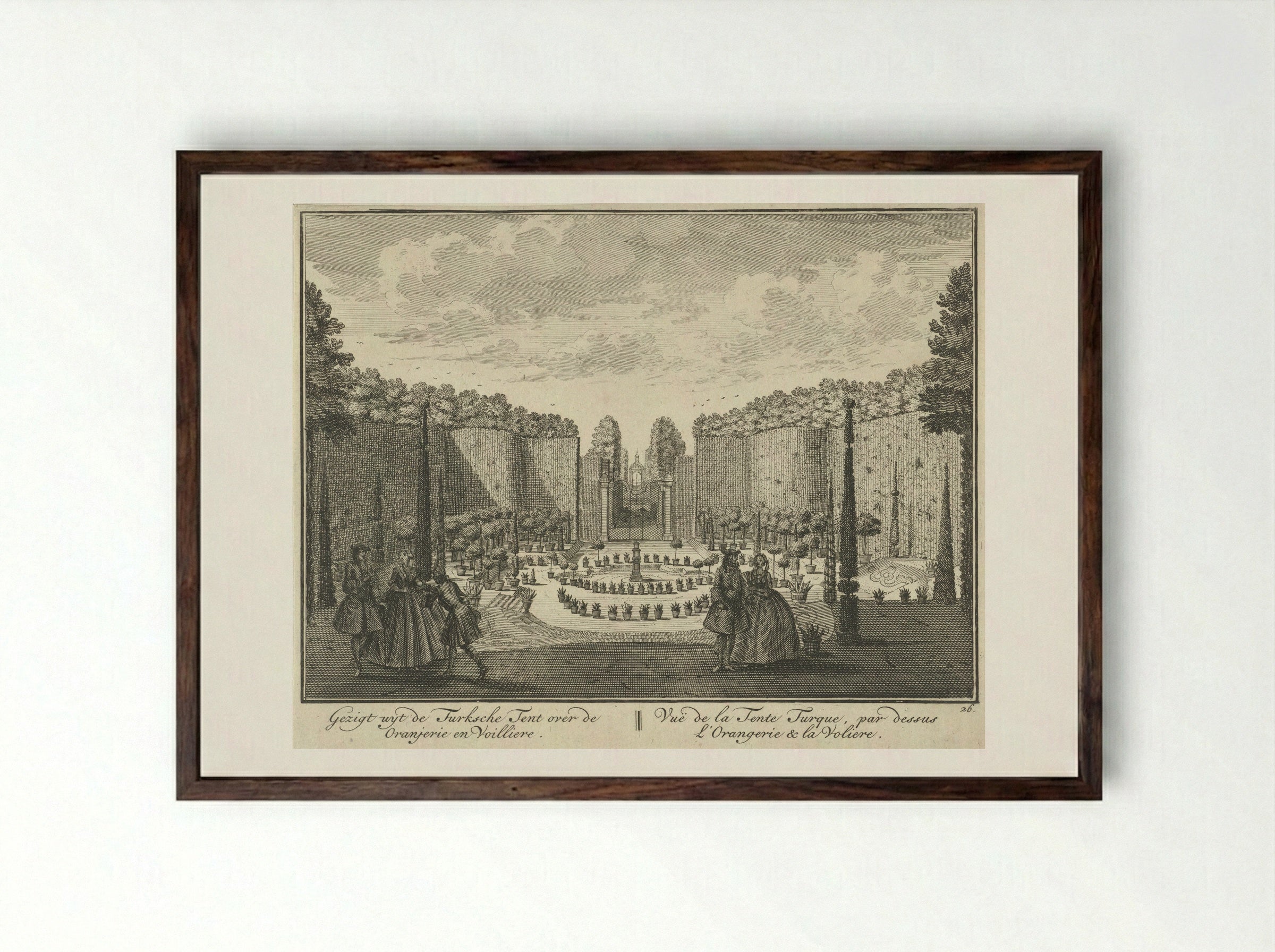Gezicht vanuit de Turkse Tent op de oranjerie en de volière in de tuin van Huis ter Meer te Maarssen - Hendrik de Leth - Framed Print Dark Wood