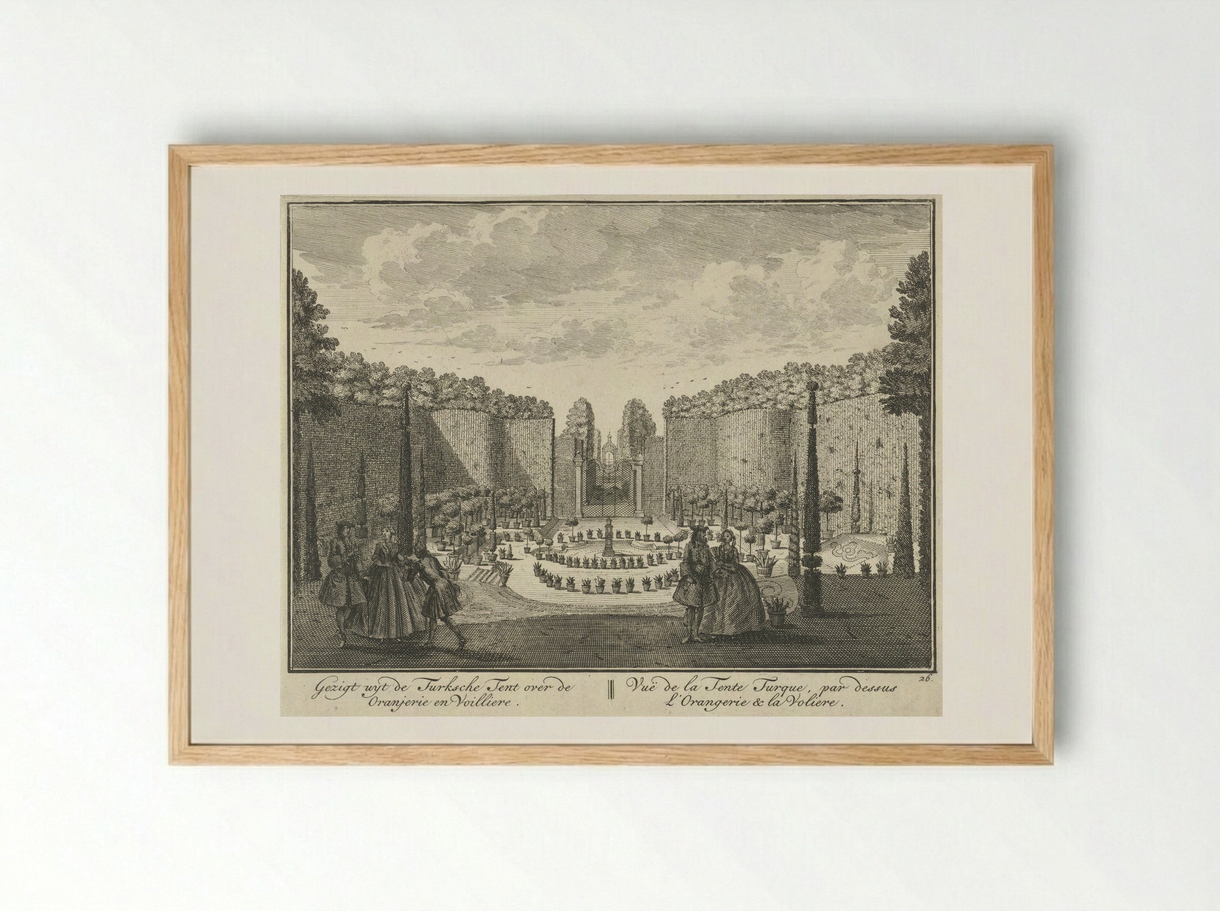 Gezicht vanuit de Turkse Tent op de oranjerie en de volière in de tuin van Huis ter Meer te Maarssen - Hendrik de Leth - Framed Print Wood