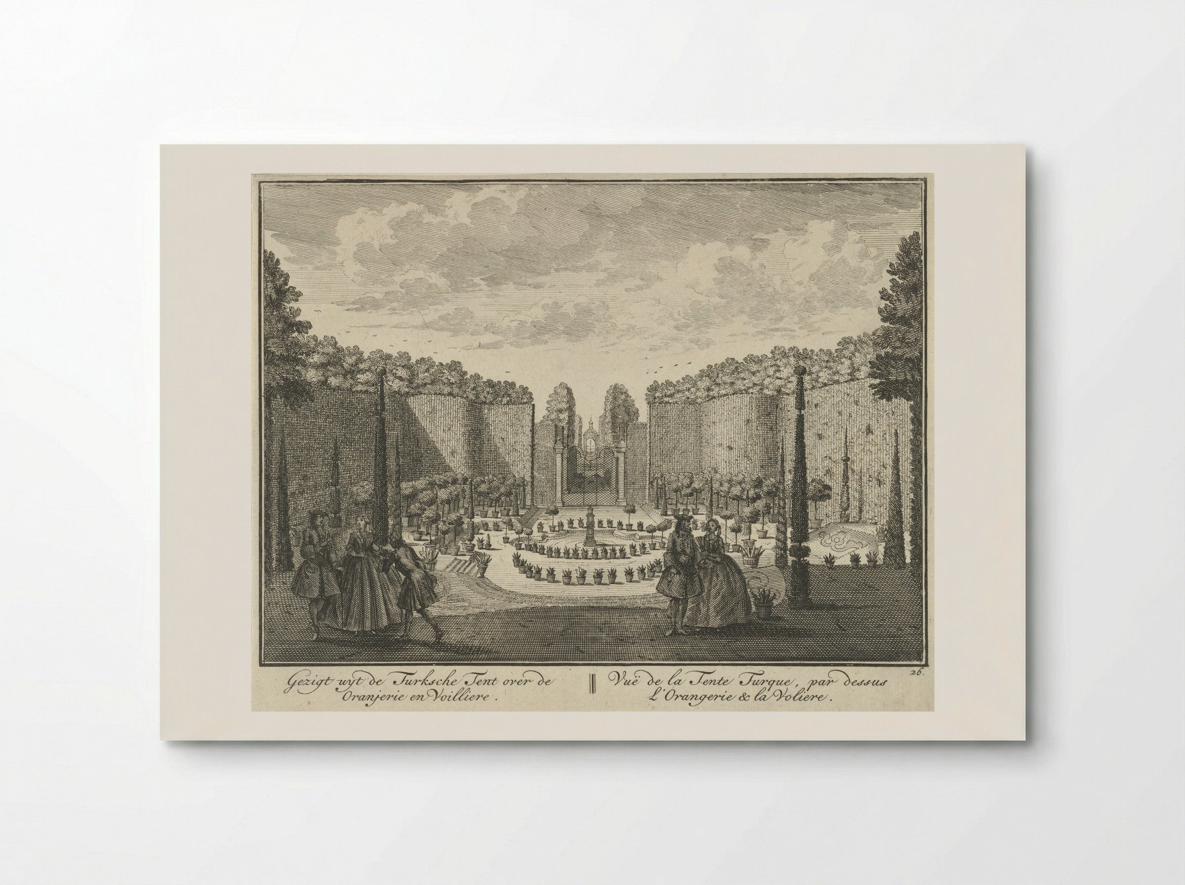 Gezicht vanuit de Turkse Tent op de oranjerie en de volière in de tuin van Huis ter Meer te Maarssen - Hendrik de Leth - Poster