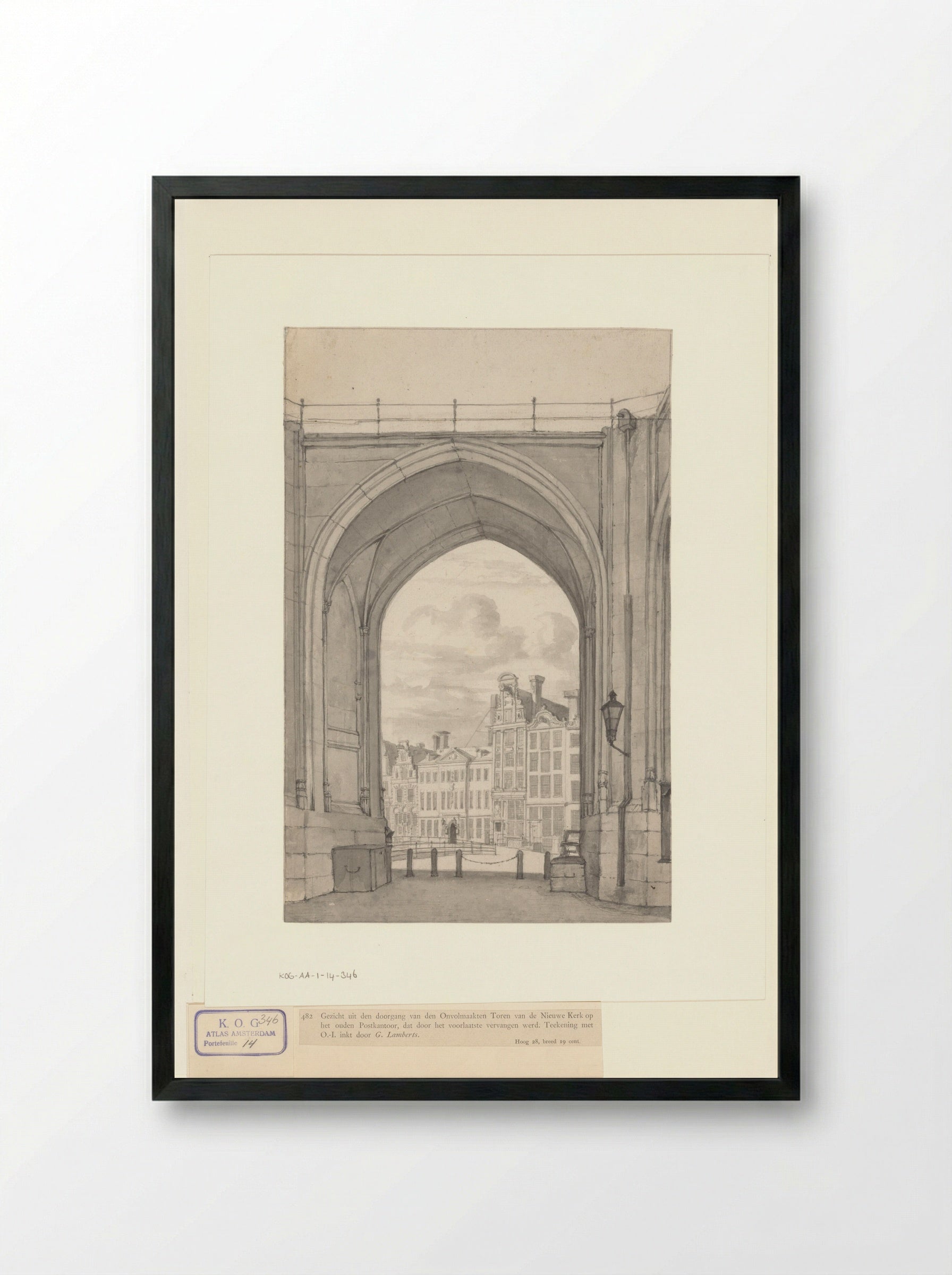 Gezicht vanuit de onvoltooide toren van de Nieuwe Kerk naar de Nieuwezijds Voorburgwal - Gerrit Lamberts - Framed Print Black