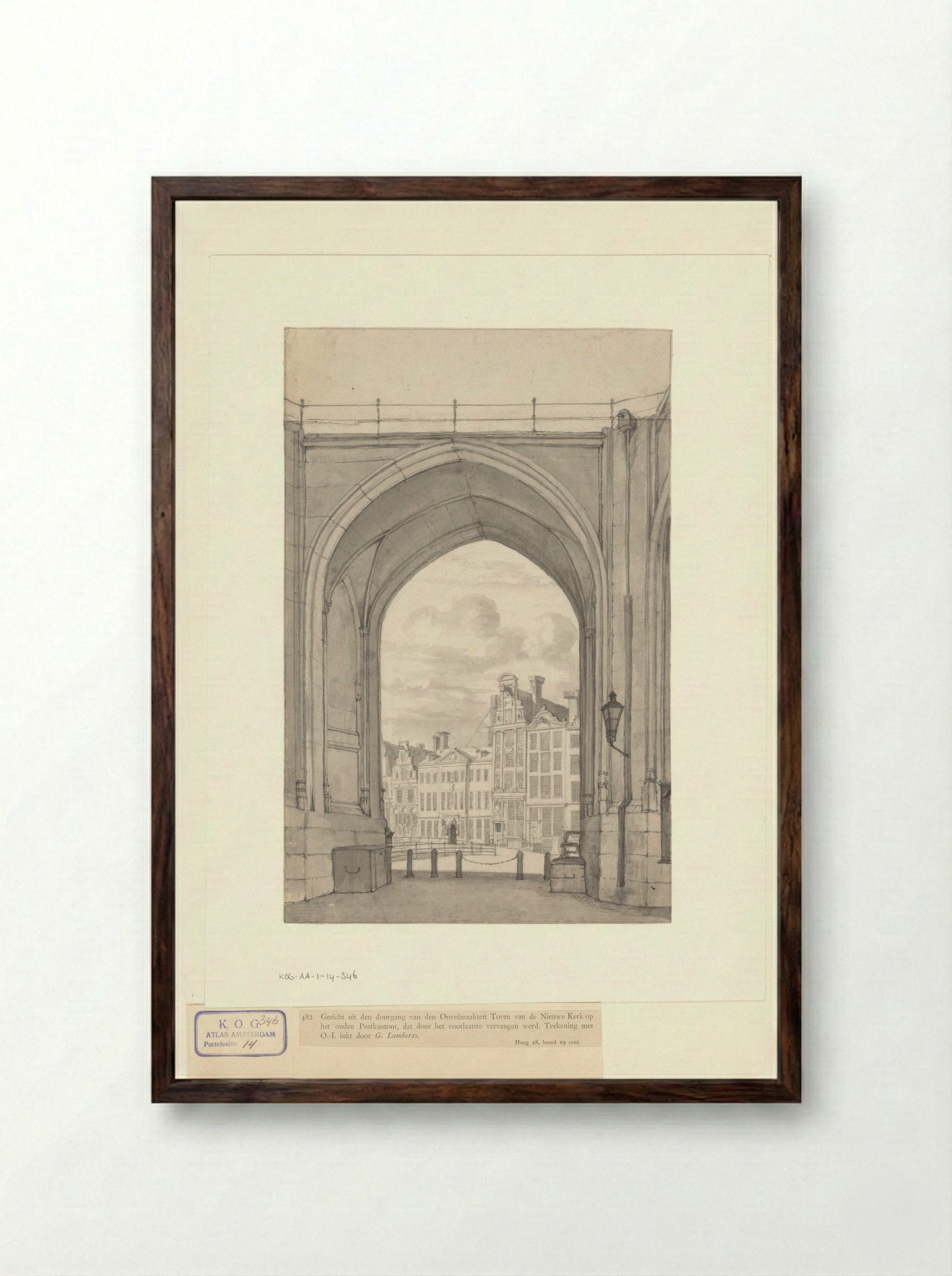 Gezicht vanuit de onvoltooide toren van de Nieuwe Kerk naar de Nieuwezijds Voorburgwal - Gerrit Lamberts - Framed Print Dark Wood