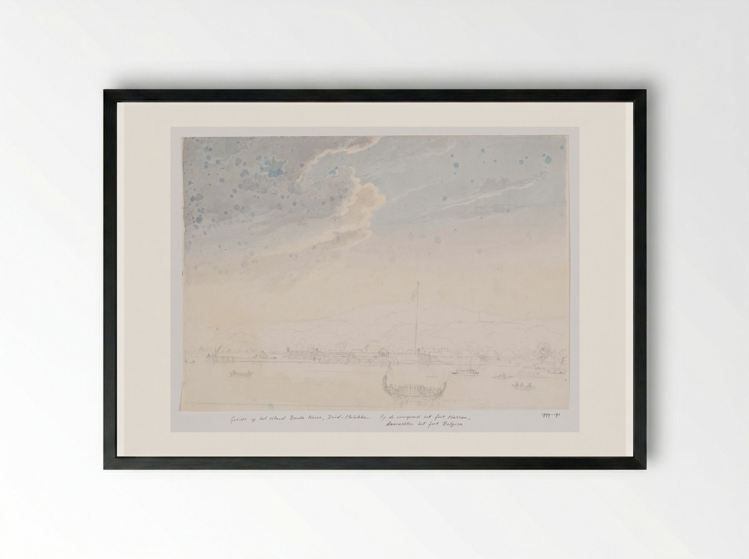 Gezicht vanuit de zee op het fort Nassau, Centraal-Molukken - Adrianus Johannes Bik - Framed Print Black
