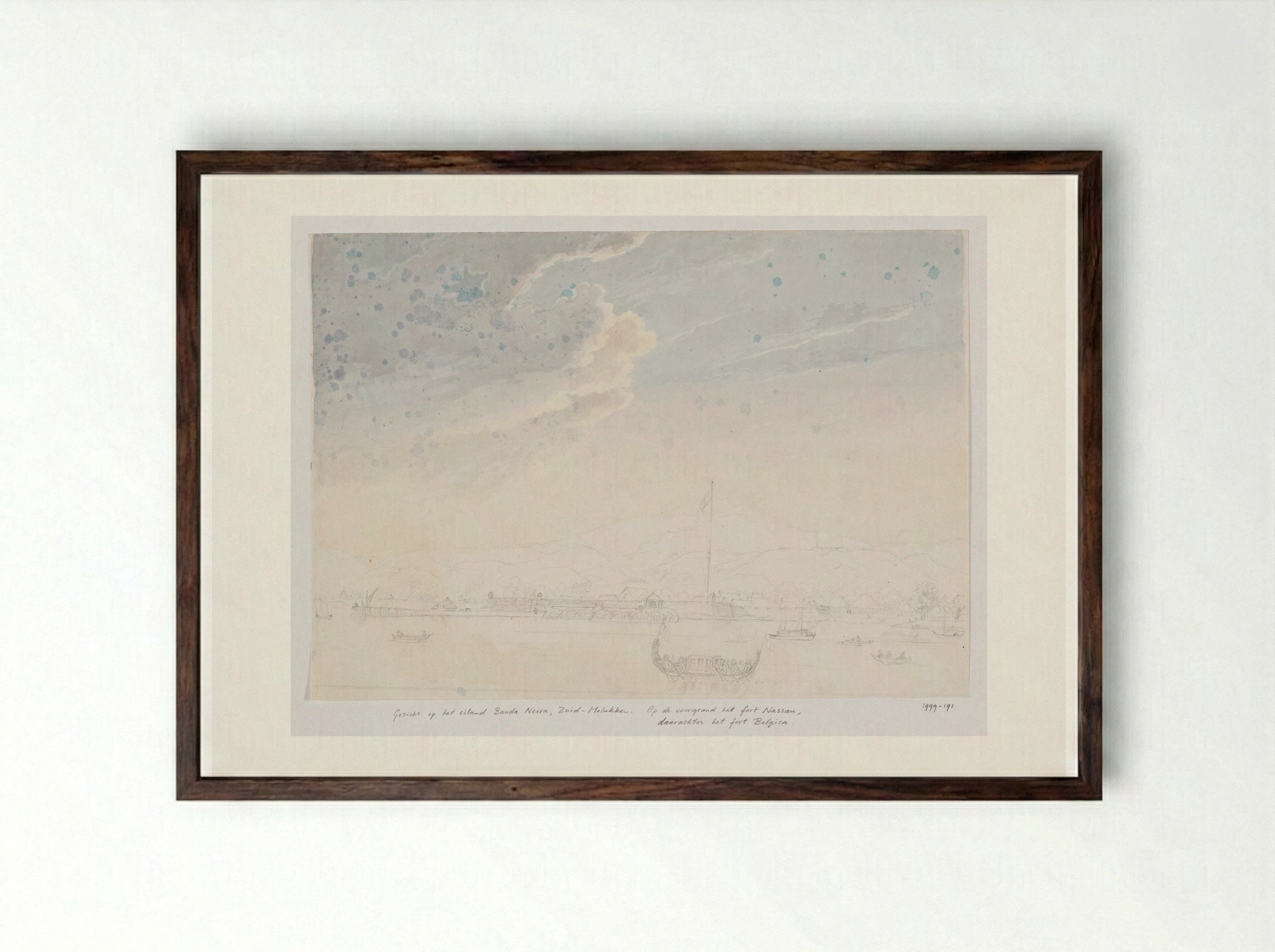 Gezicht vanuit de zee op het fort Nassau, Centraal-Molukken - Adrianus Johannes Bik - Framed Print Dark Wood