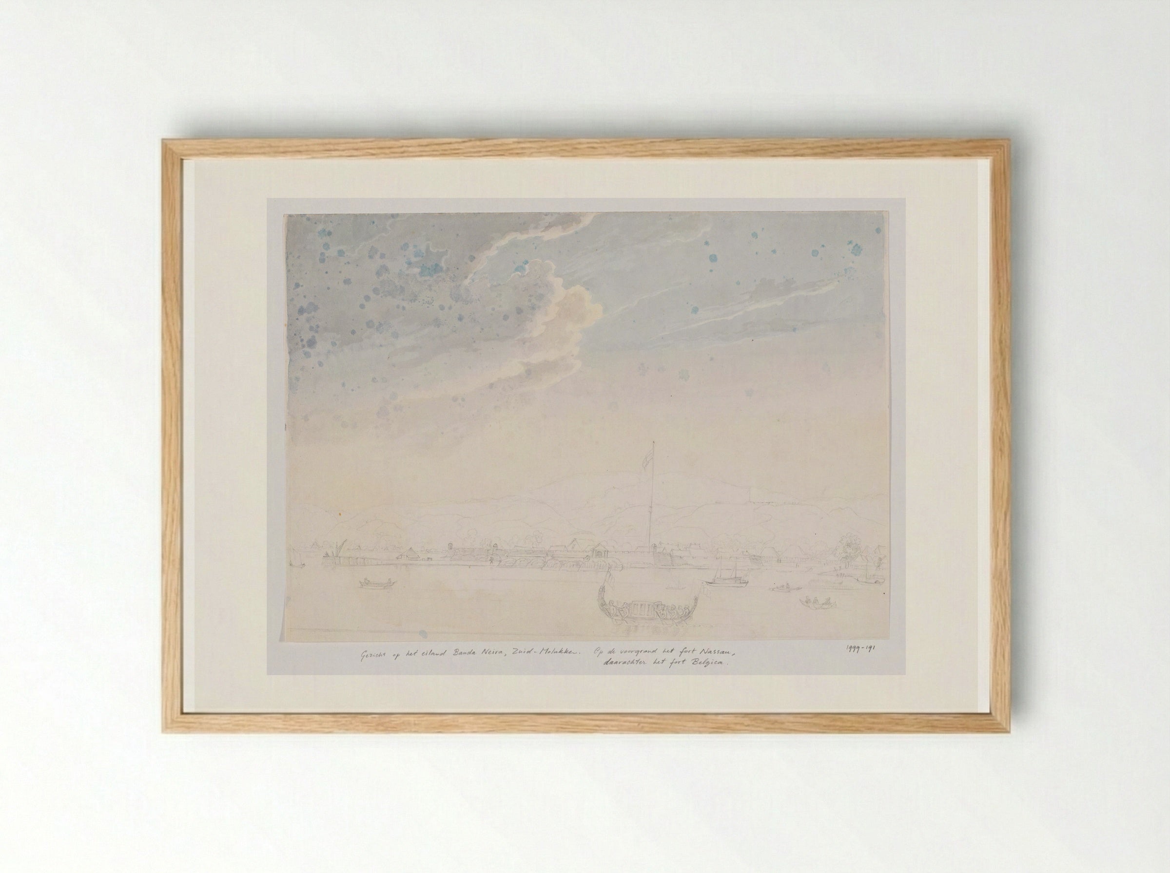 Gezicht vanuit de zee op het fort Nassau, Centraal-Molukken - Adrianus Johannes Bik - Framed Print Wood