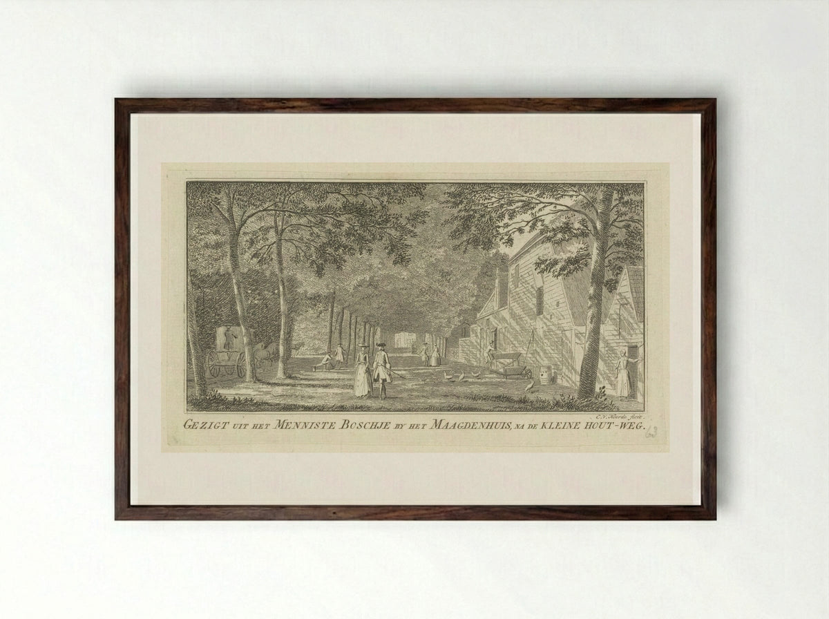 Gezigt uit het Menniste Boschje by het Maagdenhuis, na de Kleine Hout-weg - Cornelis van Noorde - Framed Print Dark Wood