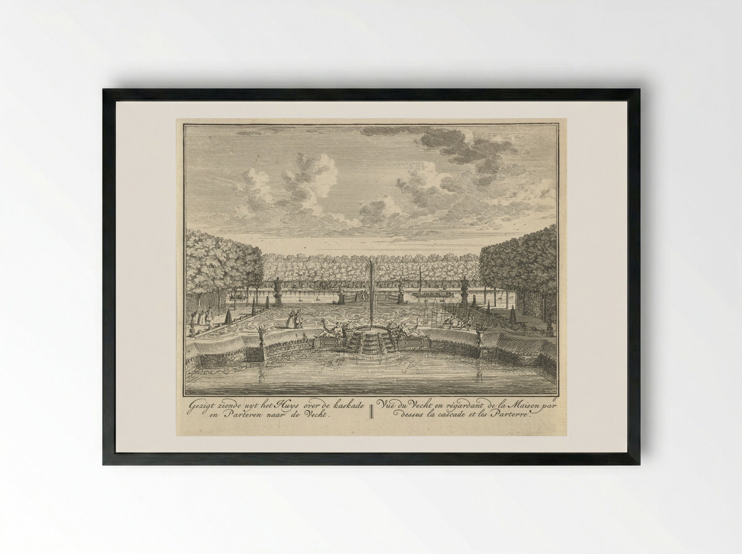 Gezigt ziende uyt het Huys over de kaskade en Parteren naar de Vecht - Hendrik de Leth - Framed Print Black