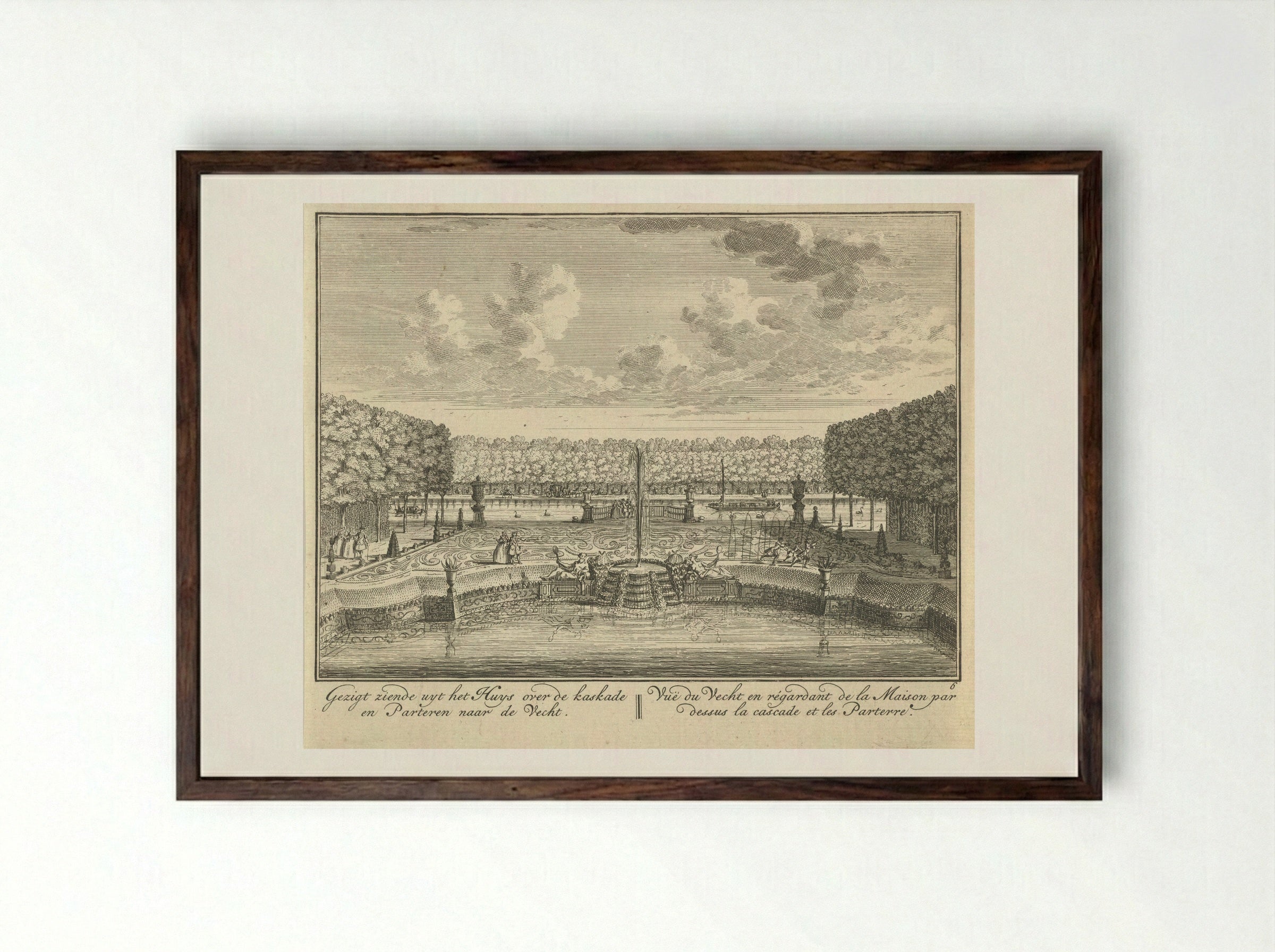 Gezigt ziende uyt het Huys over de kaskade en Parteren naar de Vecht - Hendrik de Leth - Framed Print Dark Wood